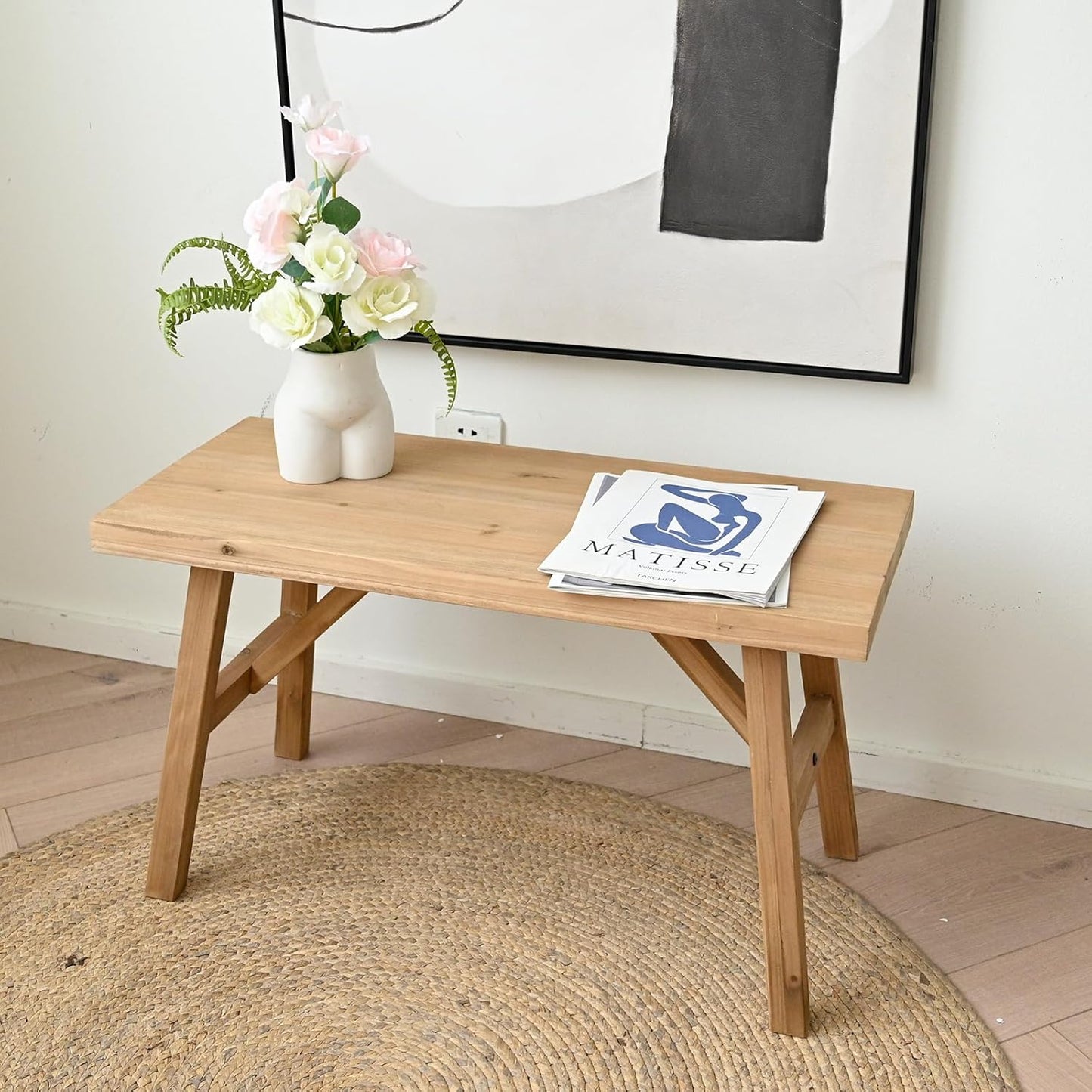 Handcrafted Solid Wood Bench, 30" - Farmhouse-Style Entryway Seating for Living & Dining Room, Rustic Design, Natural Finish