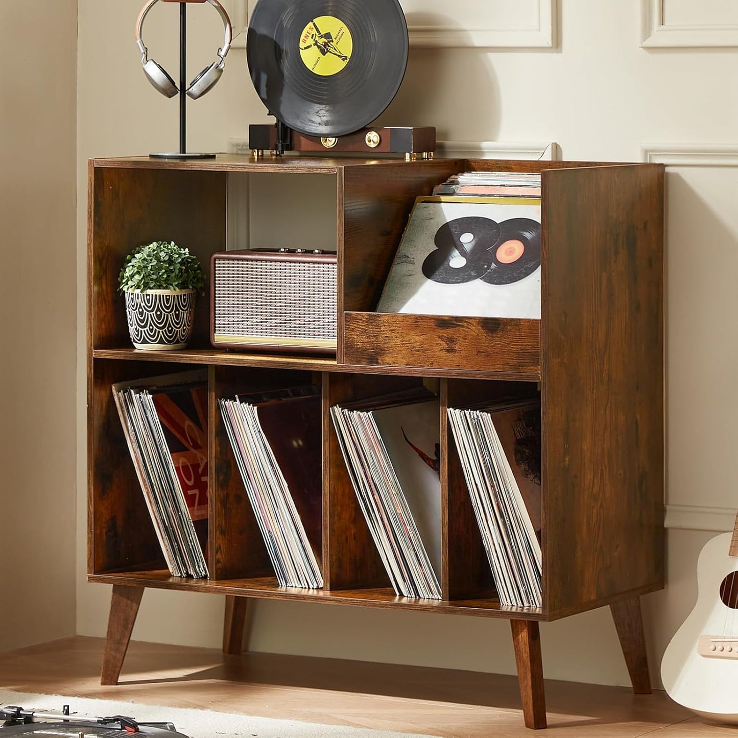 LELELINKY Large Record Player Stand, Turntable Stand with Storage, Vinyl Record Holder with Display Area, Record Player Table Holds Up to 300 Albums, Record Stand for Music Room Living Room-Natural