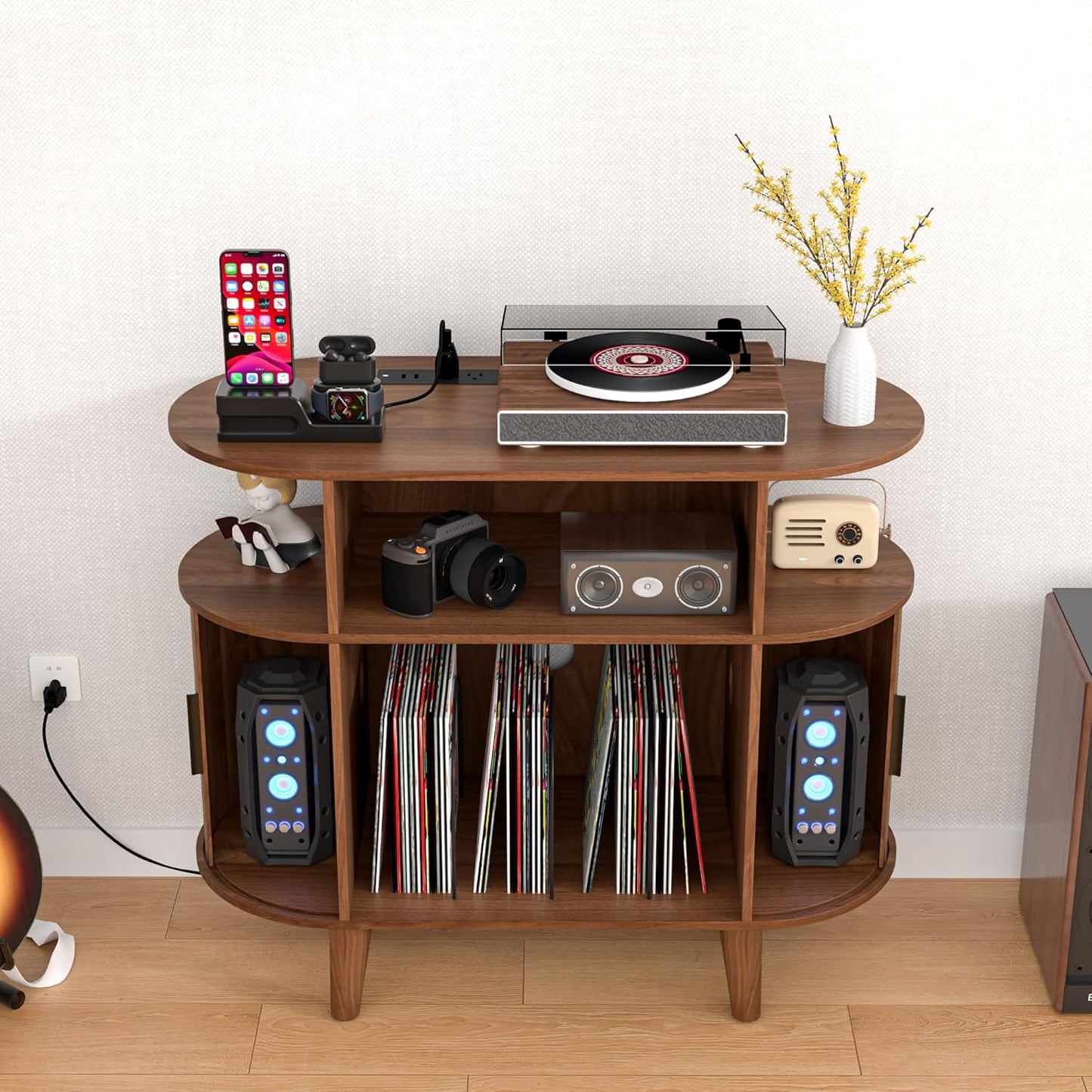 Round Record Player Stand, Mid-Century Record Player Table, Vinyl Record Player Shelf with Power Outlet Sideboard Buffet Cabinet, Storage Shelf for Living Room (Brown)