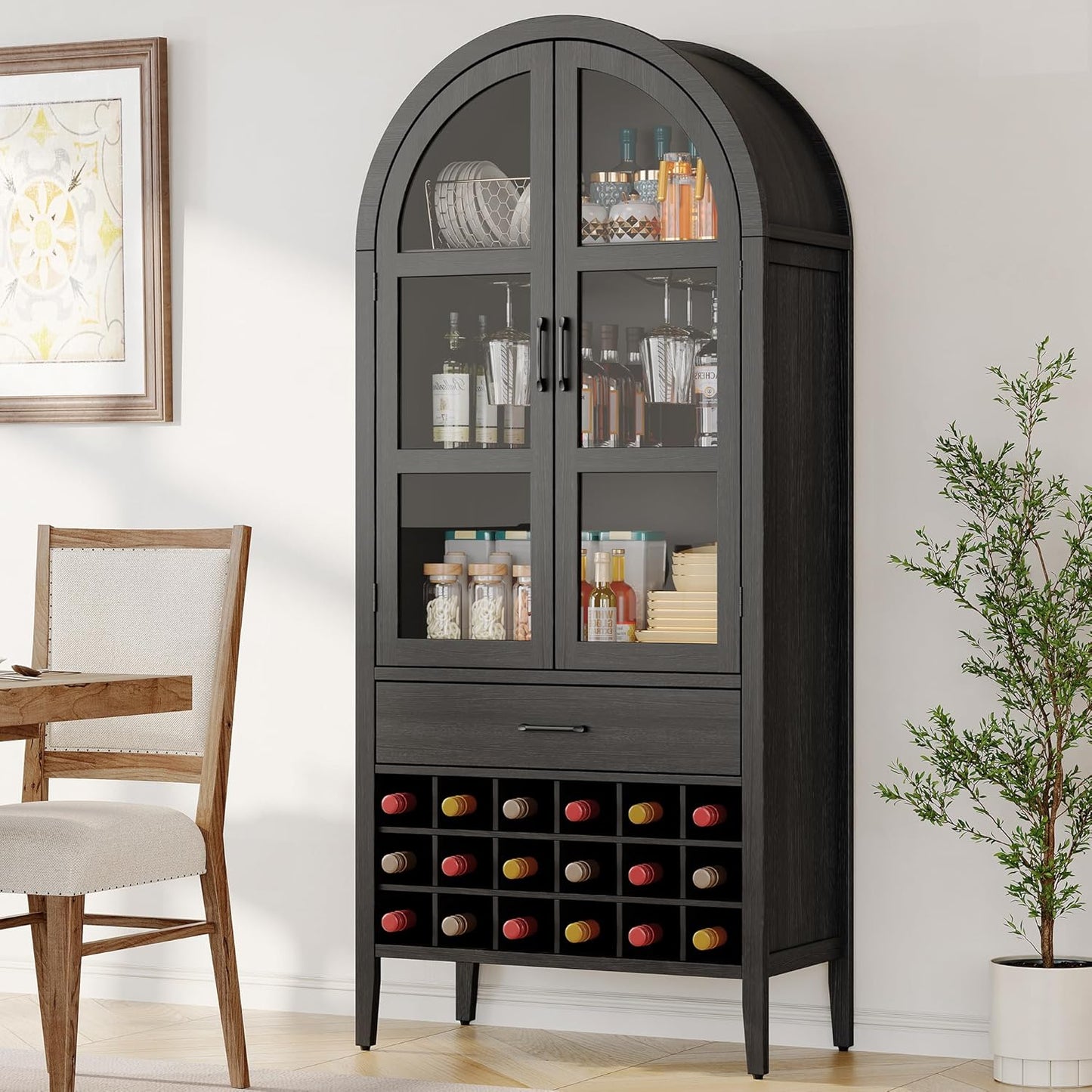 71" Tall Wine Bar Cabinet, Arched Storage Cabinets with Door, Whiskey Station with Wine Rack and Glass Holder, Liquor Bar Cabinet for Home Kitchen Living Dining Room (Off White)