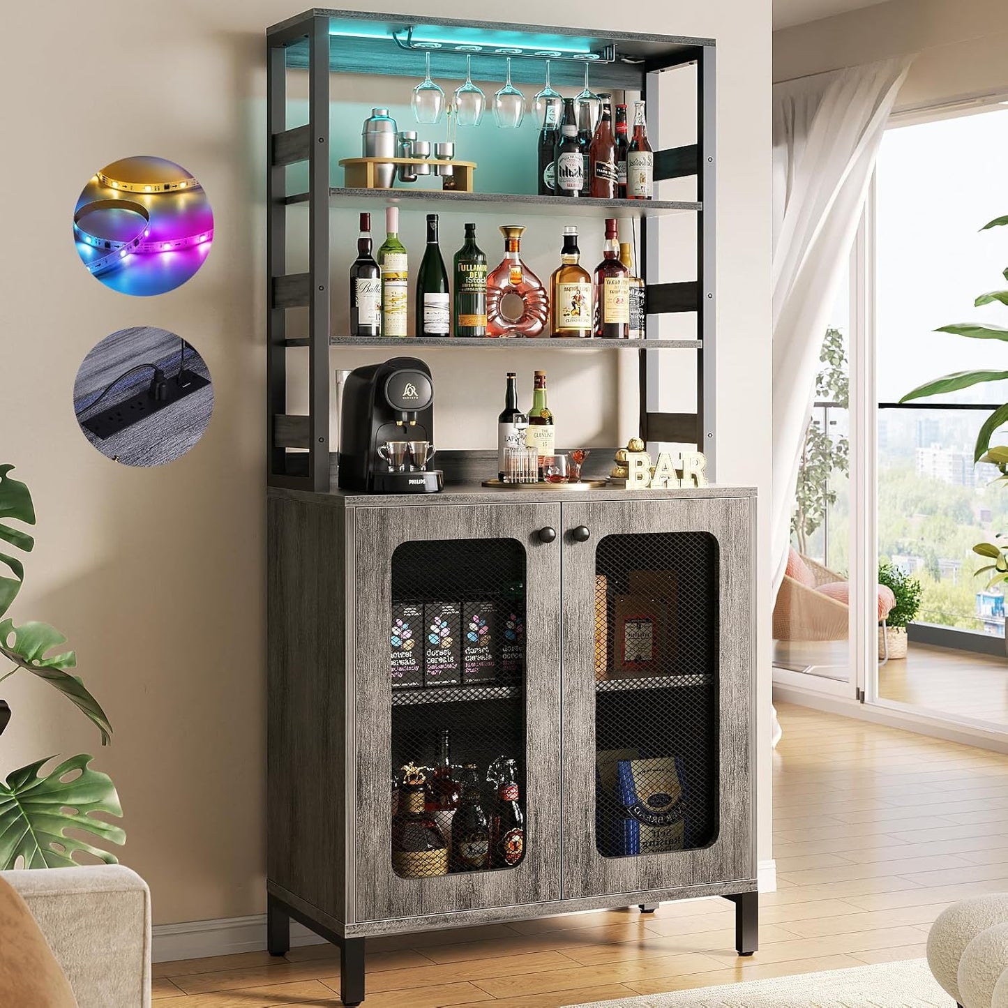 Aheaplus Bar Cabinet with Power Outlets, 67" Tall Wine Bar Cabinet Liquor Cabinets with LED Lights and Glass Holder, Coffee Bars Station for Living Room, Microwave Stand Bakers Rack Cabinets, Black