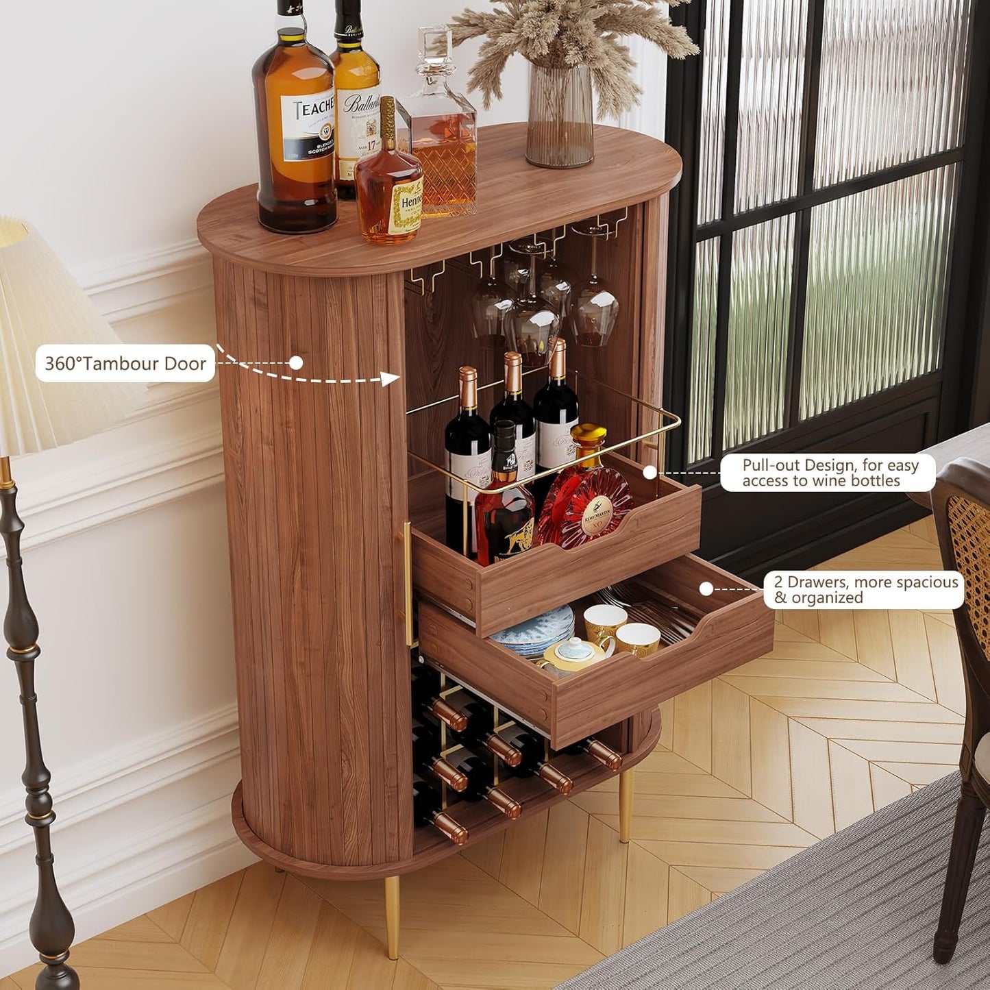 ARTPOWER Wooden Wine Bar Cabinet with Tambour Door 16-Bottle Wine Rack, Glass Stemware Holder, Coffee Bar Station Liquor Storage Cabinet for Home, Living Room, Kitchen, Brown