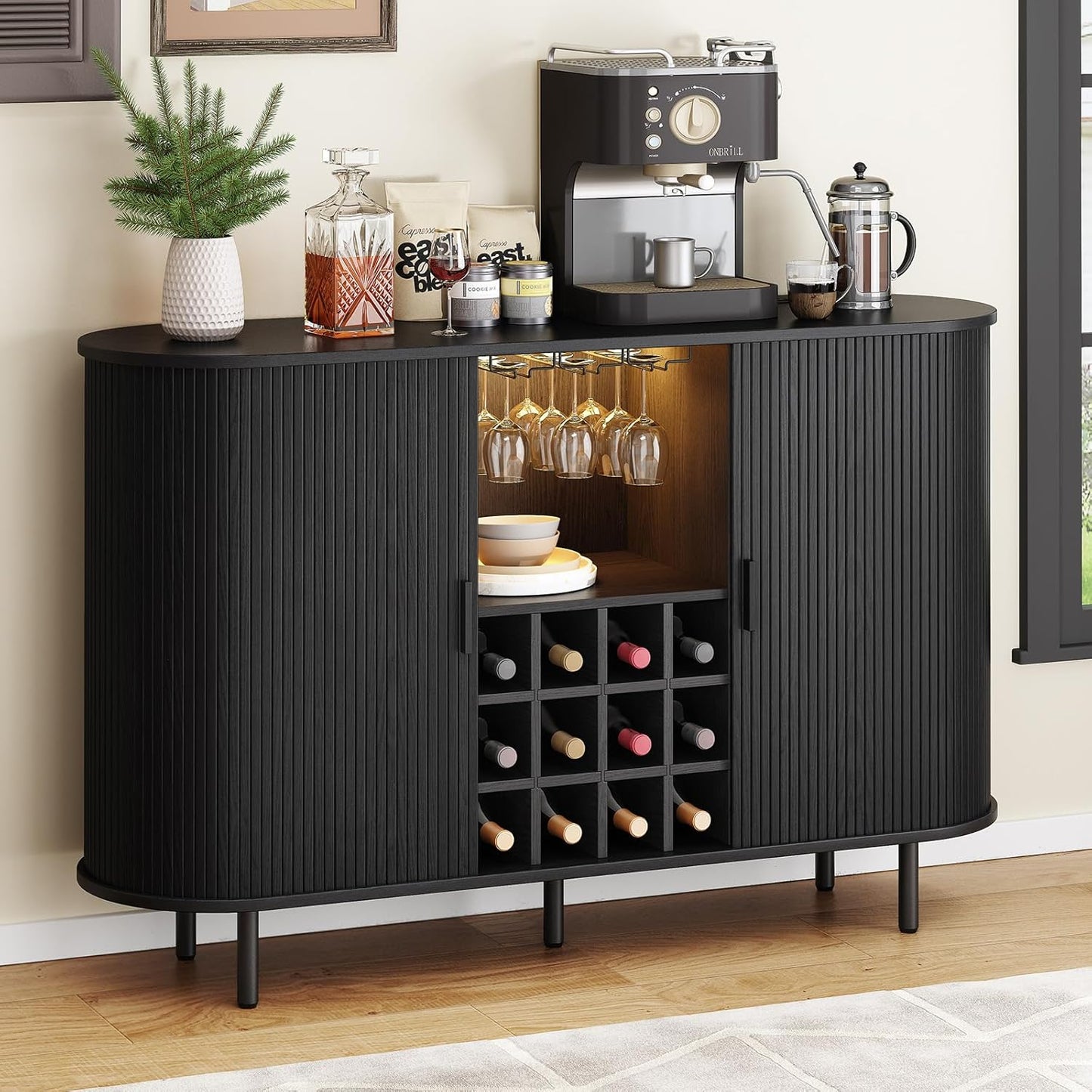 55" Wine Bar Cabinet with LED Light,Modern Liquor Whiskey Coffee Station with Wine Rack and Glass Holder, Farmhouse Buffet Sideboard with Storage for Living Room, Kitchen, Entryway (Walnut)