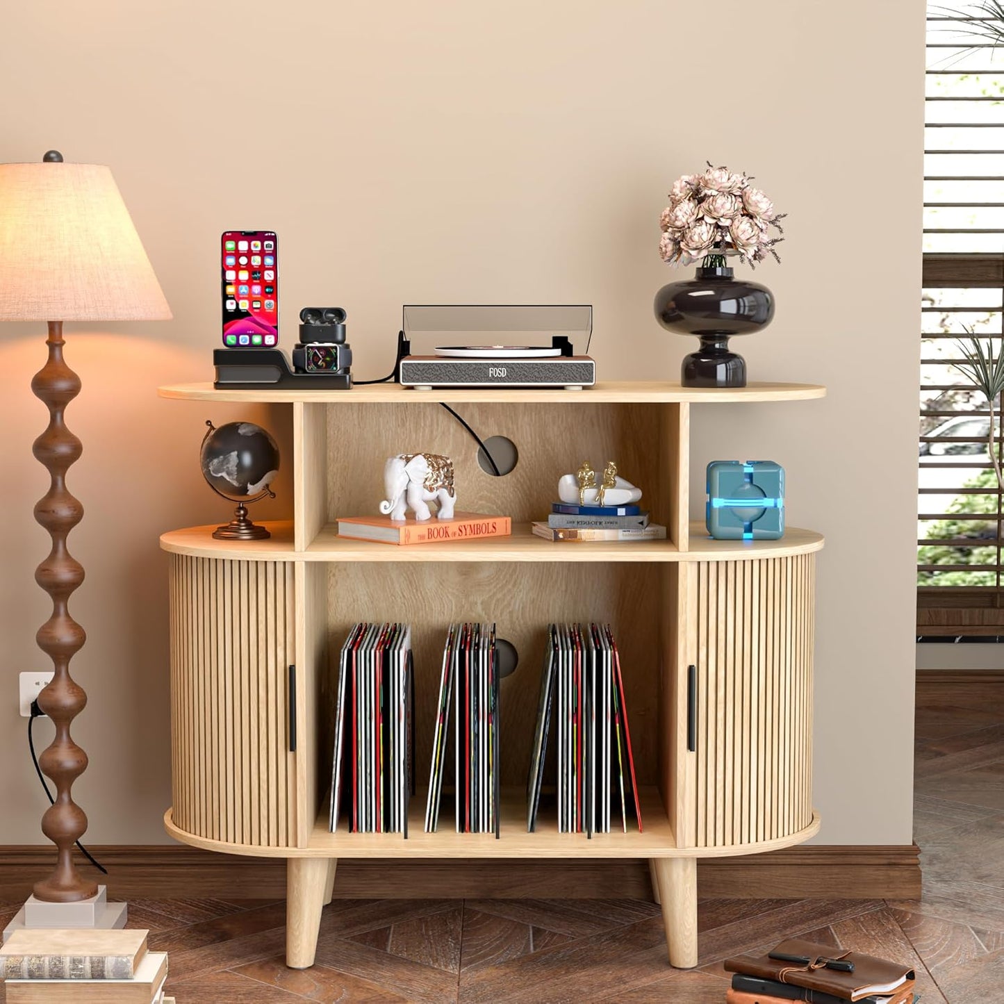 Large Round Record Player Stand with Charging Station & USB Ports,Record Storage Cabinet, Mid Century Modern Turntable Stand for Bedroom Living Room (Small Brown)