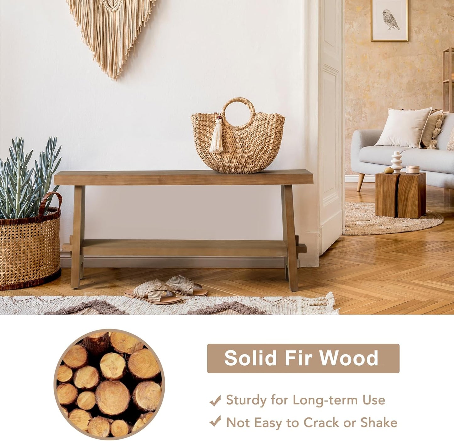Solid Wood Entryway Bench - 43.3" Farmhouse Long Storage Bench, Rustic Narrow Bench Seat for Indoor, Entryway, Dining Room, Living Room and Hallway, Brown