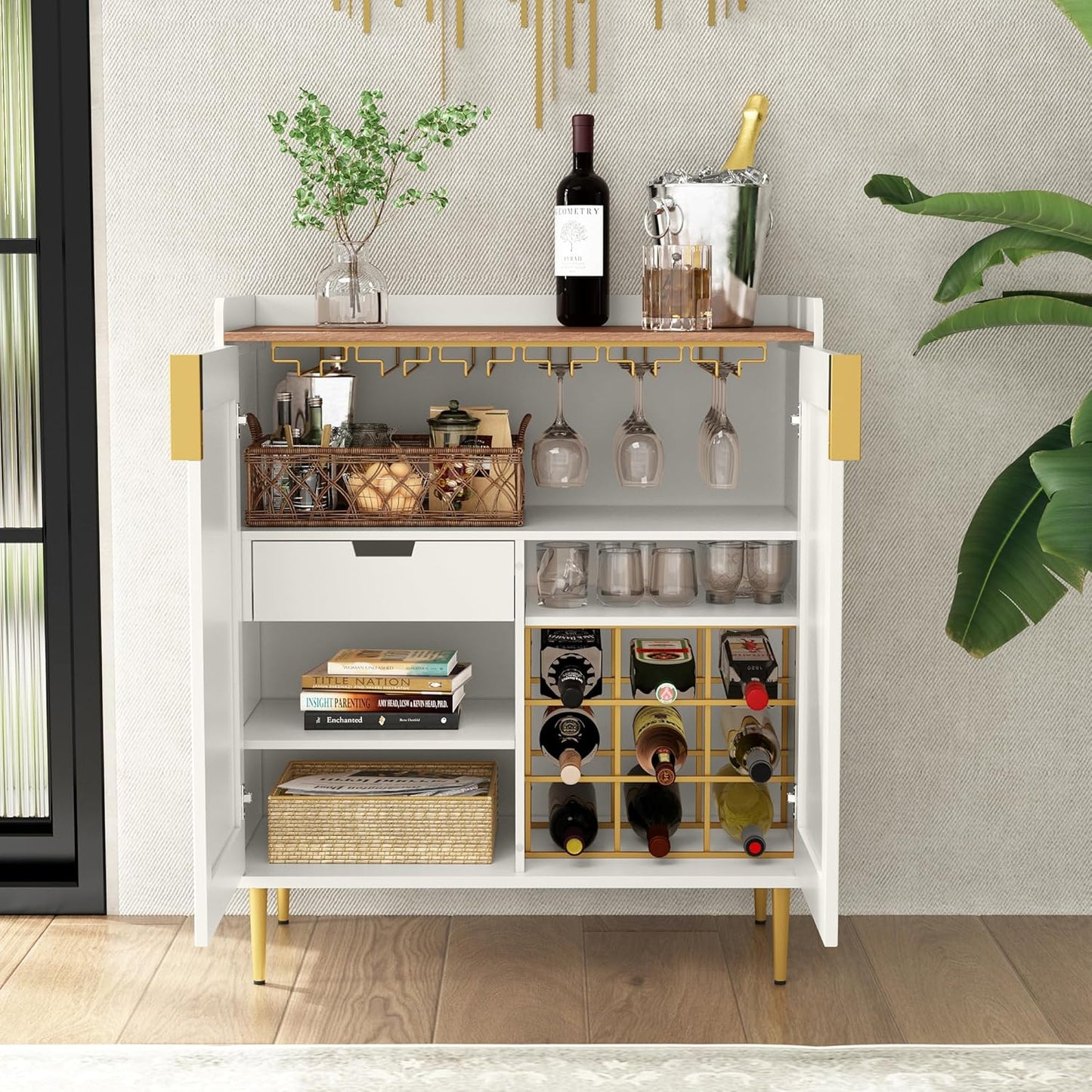 ARTPOWER Wine Bar Cabinet with Fluted Texture, Modern Coffee Cabinet with Wine Rack&Glass Holder, White Kitchen Buffet Sideboard, Freestanding Liquor Cabinet for Dining Room Living Room