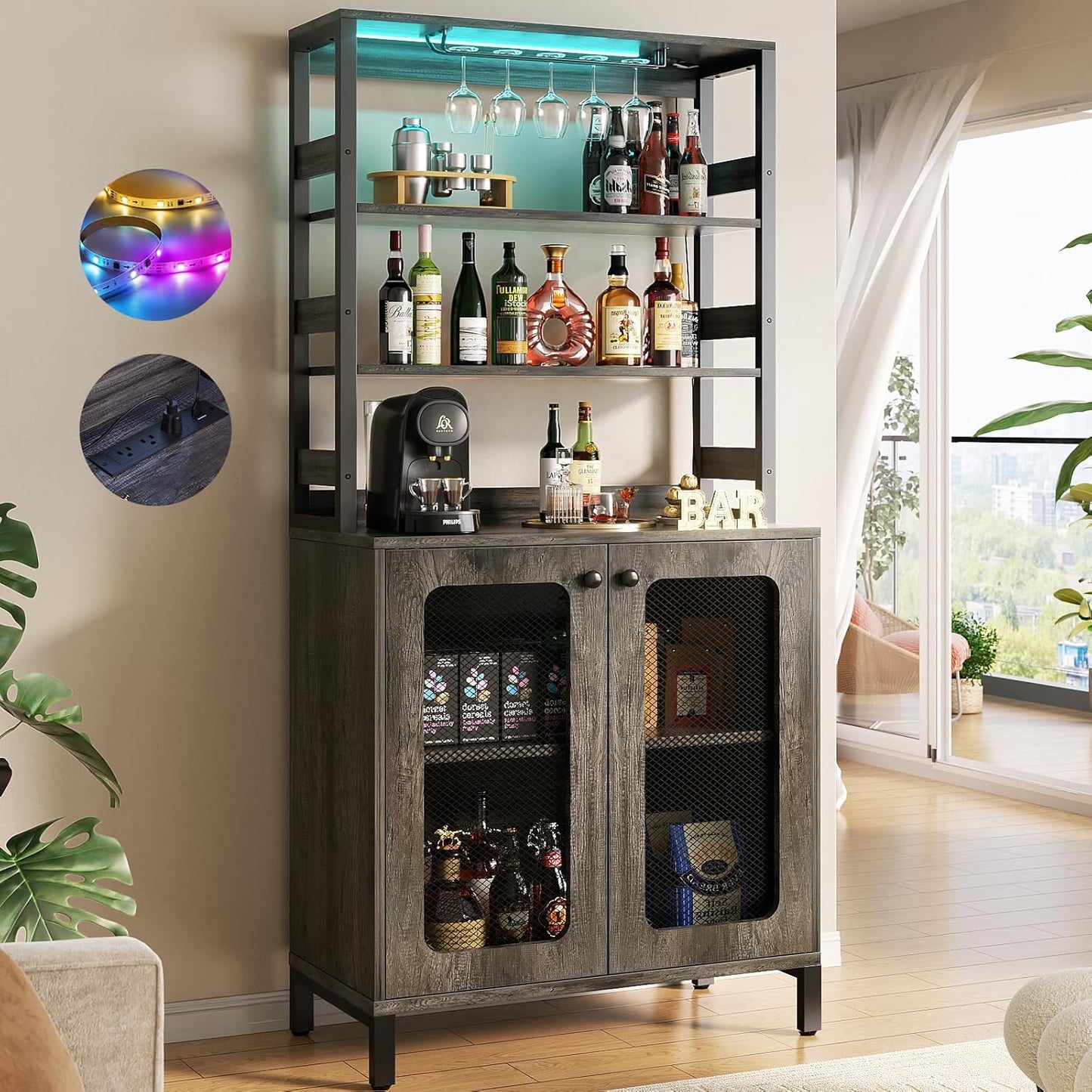 Aheaplus Bar Cabinet with Power Outlets, 67" Tall Wine Bar Cabinet Liquor Cabinets with LED Lights and Glass Holder, Coffee Bars Station for Living Room, Microwave Stand Bakers Rack Cabinets, Black