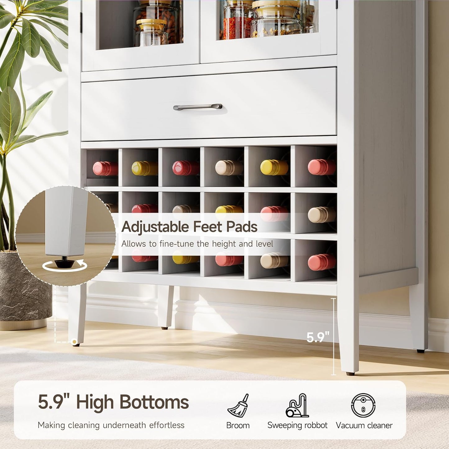 71" Tall Wine Bar Cabinet, Arched Storage Cabinets with Door, Whiskey Station with Wine Rack and Glass Holder, Liquor Bar Cabinet for Home Kitchen Living Dining Room (Off White)