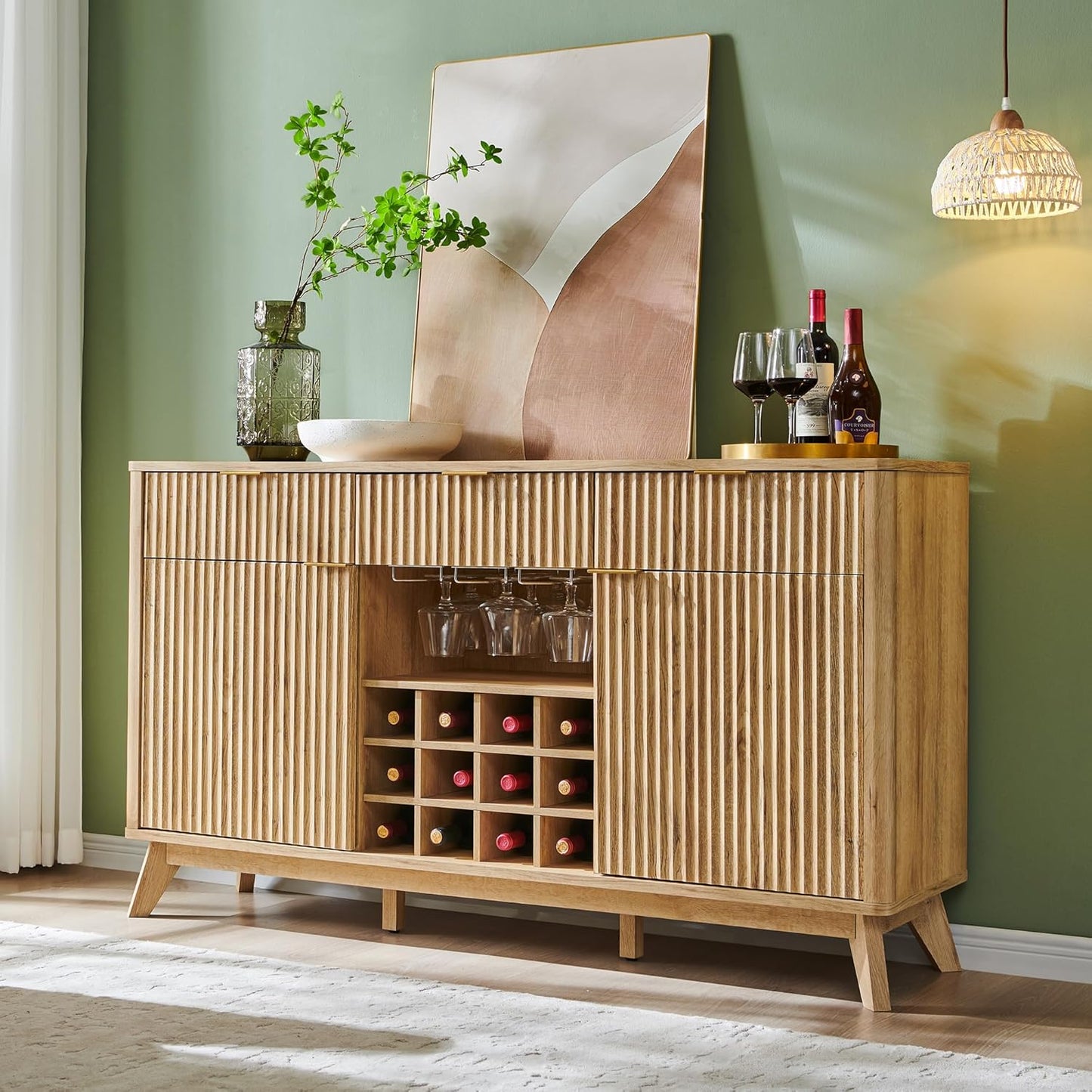 OKD 60" Fluted Buffet Cabinet with Storage - 3 Drawers and 2 Doors, Mordern Wine & Coffee Bar Cabinet with Wine and Glass Racks, Sideboard with Adjustable Shelves for Kitchen, Dining Room,Solid White