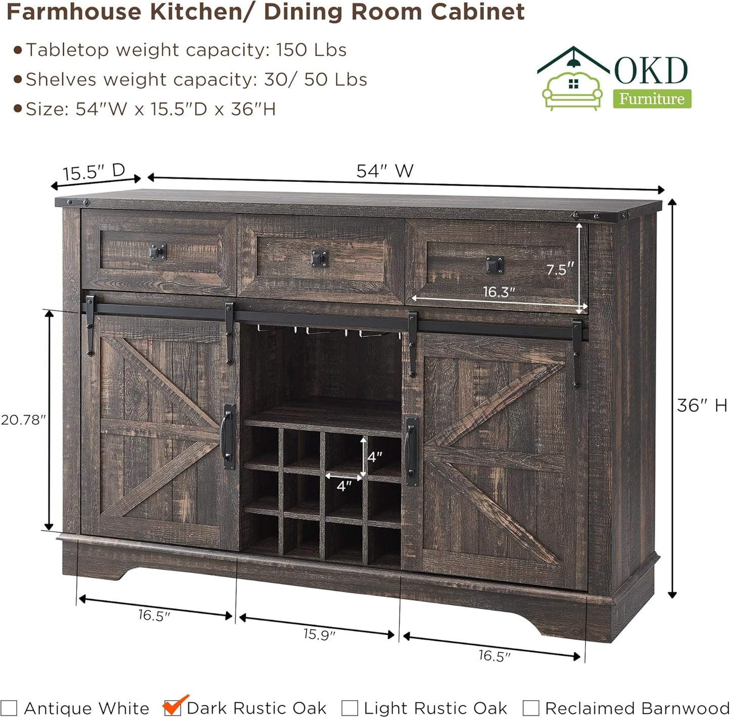OKD Farmhouse Wine Bar Cabinet w/Sliding Barn Door, 54" Kitchen Coffee Bar Cabinet w/Wine & Glass Rack, Storage Shelves, 3 Drawers, Rustic Large Buffet Sideboard for Dining Room, Dark Rustic Oak