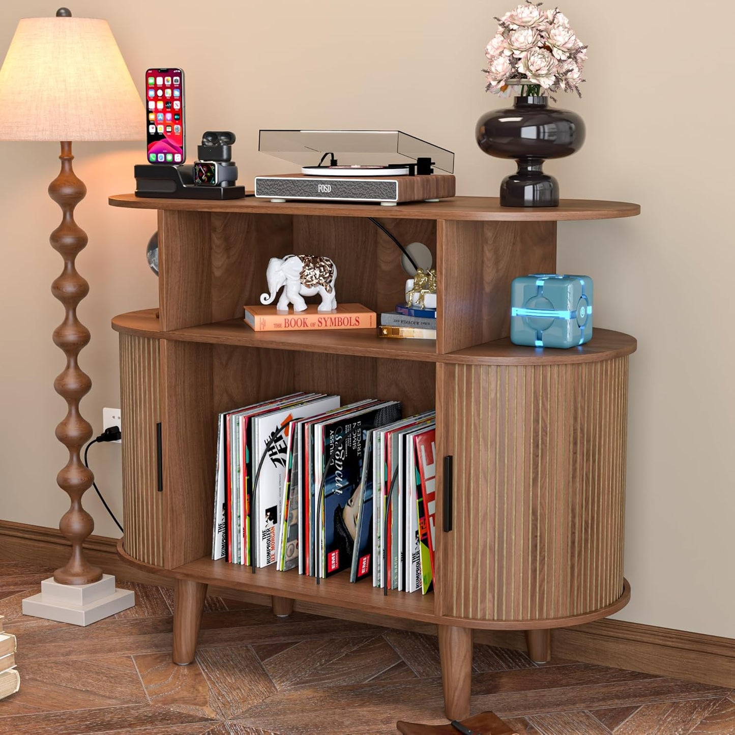 Large Round Record Player Stand with Charging Station & USB Ports,Record Storage Cabinet, Mid Century Modern Turntable Stand for Bedroom Living Room (Small Brown)