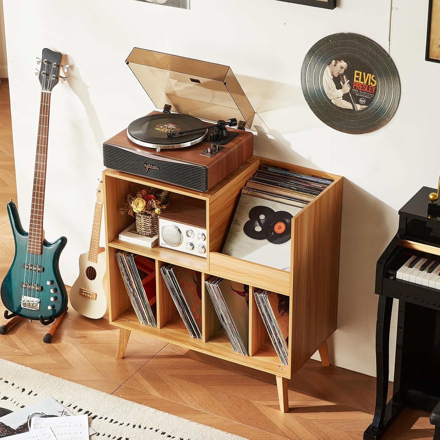 LELELINKY Large Record Player Stand, Turntable Stand with Storage, Vinyl Record Holder with Display Area, Record Player Table Holds Up to 300 Albums, Record Stand for Music Room Living Room-Natural
