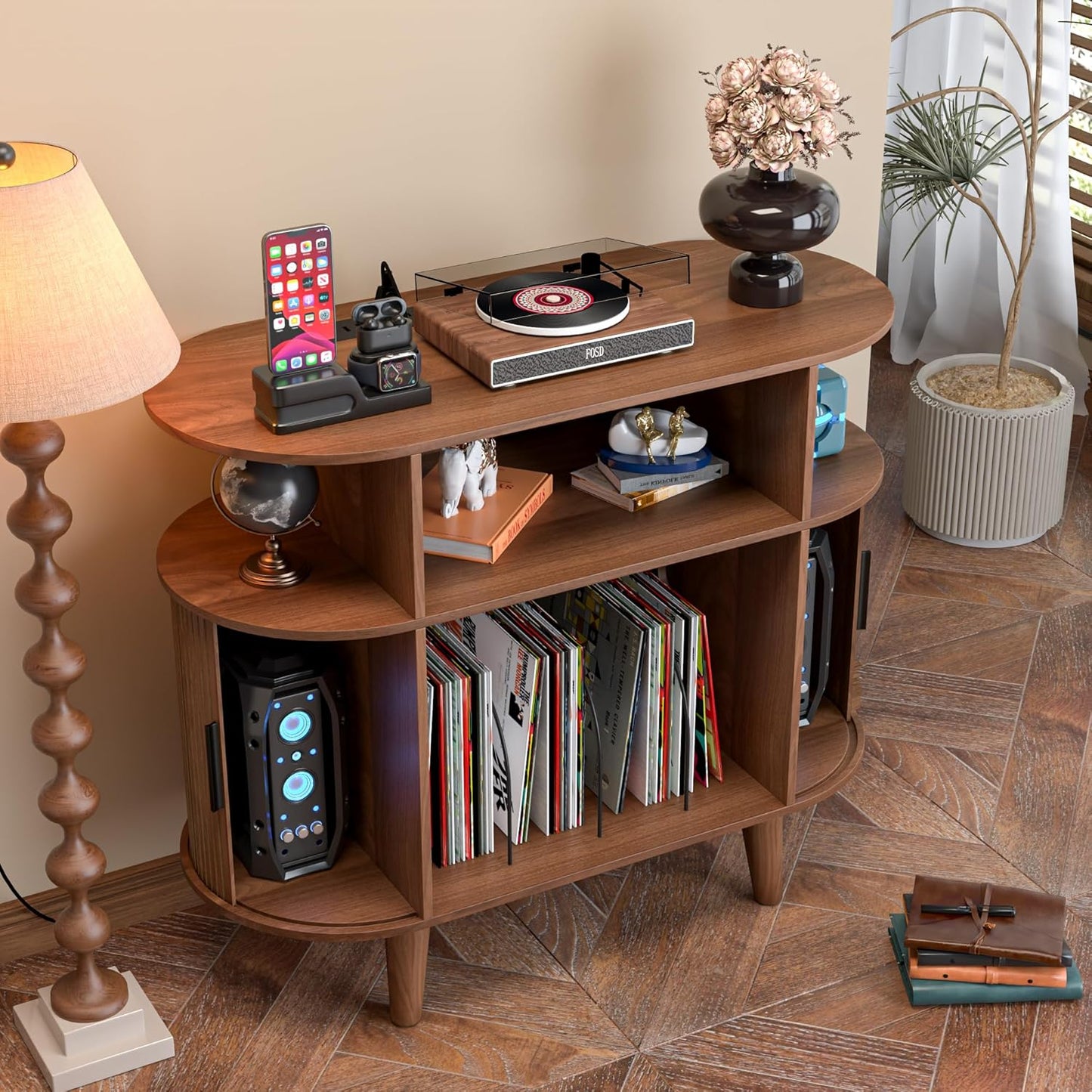 Large Round Record Player Stand with Charging Station & USB Ports,Record Storage Cabinet, Mid Century Modern Turntable Stand for Bedroom Living Room (Small Brown)