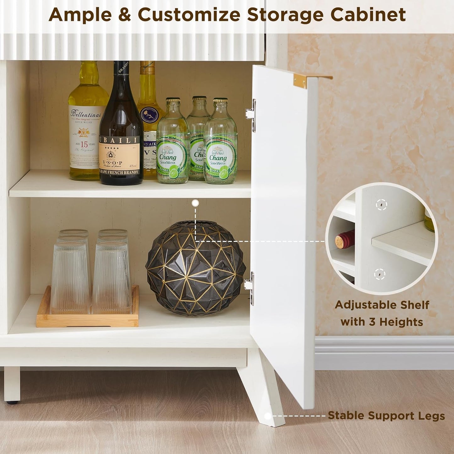 OKD 60" Fluted Buffet Cabinet with Storage - 3 Drawers and 2 Doors, Mordern Wine & Coffee Bar Cabinet with Wine and Glass Racks, Sideboard with Adjustable Shelves for Kitchen, Dining Room,Solid White
