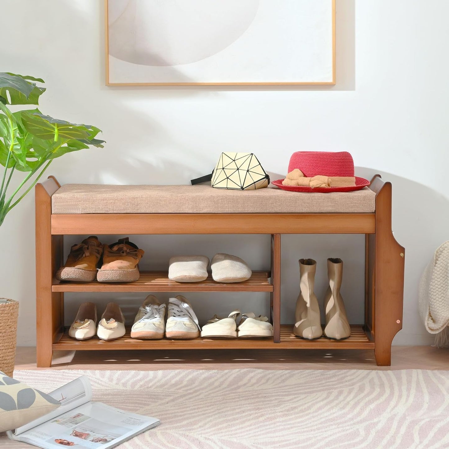 Shoe Bench with Hidden Drawer and Side Holder, 2 Tier Entryway Bench with Storage 39.4 in, Bamboo Shoe Rack with Cushion for Entryway Hallway Living Room Bedroom