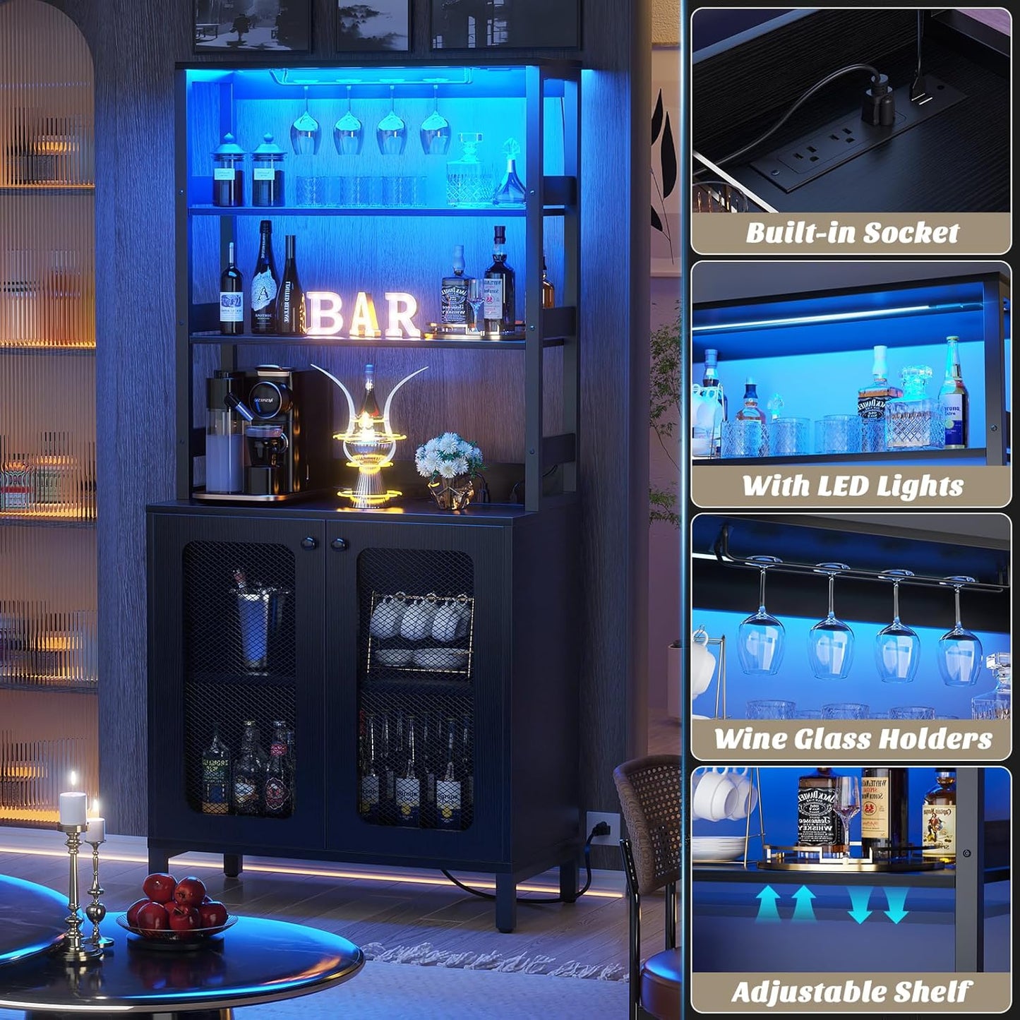 Aheaplus Bar Cabinet with Power Outlets, 67" Tall Wine Bar Cabinet Liquor Cabinets with LED Lights and Glass Holder, Coffee Bars Station for Living Room, Microwave Stand Bakers Rack Cabinets, Black