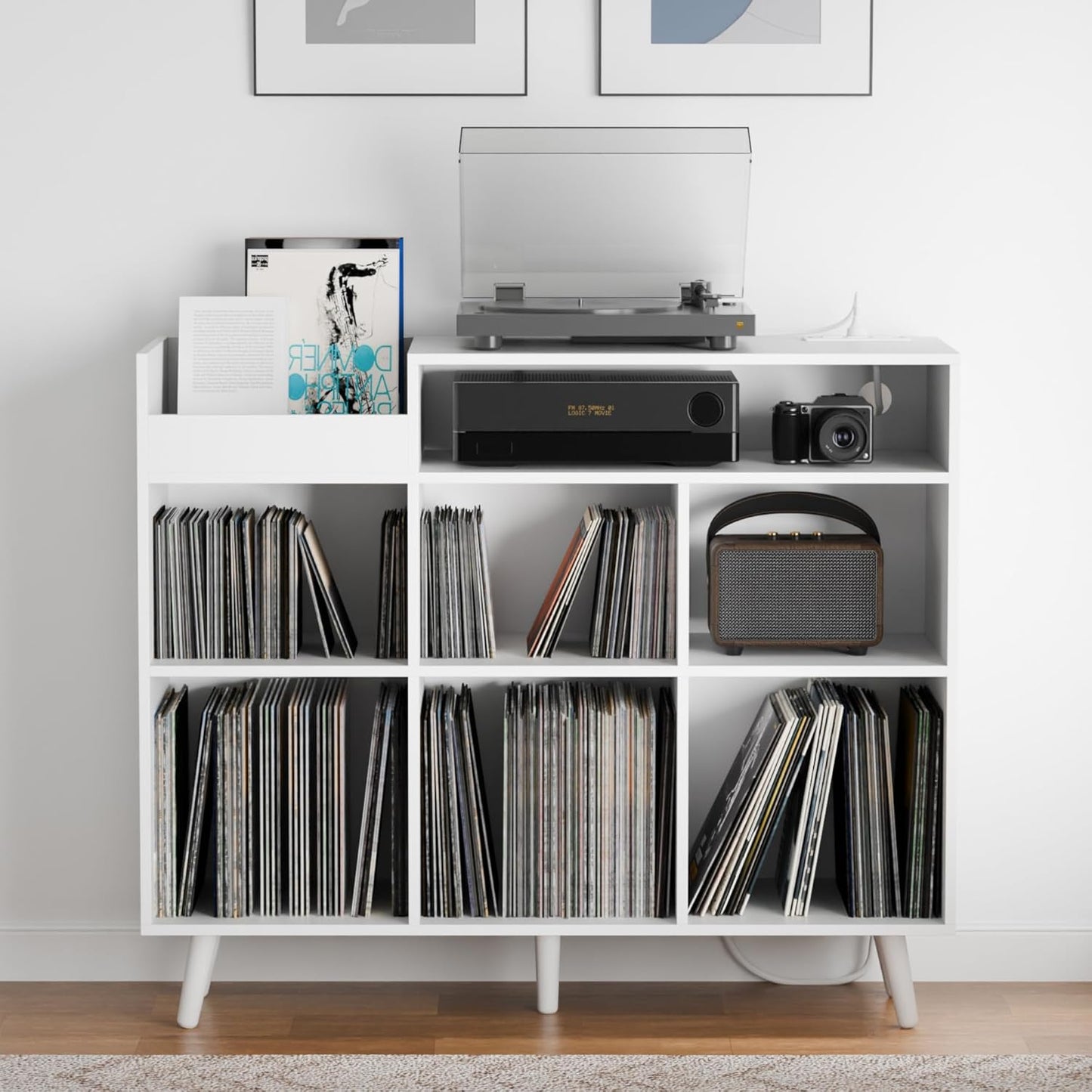 Cozy Castle Large Record Player Stand, Vinyl Storage Cabinet Mid Century Modern Turntable Stand Media Console Table Open Shelf Cube CD Album Holder Organizer for Living Room, Office, Rustic Brown