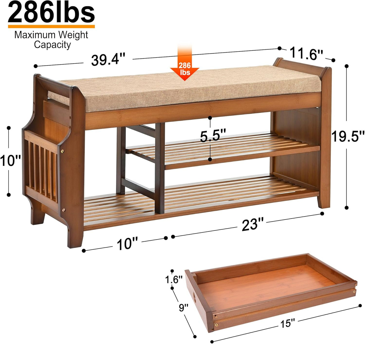 Shoe Bench with Hidden Drawer and Side Holder, 2 Tier Entryway Bench with Storage 39.4 in, Bamboo Shoe Rack with Cushion for Entryway Hallway Living Room Bedroom