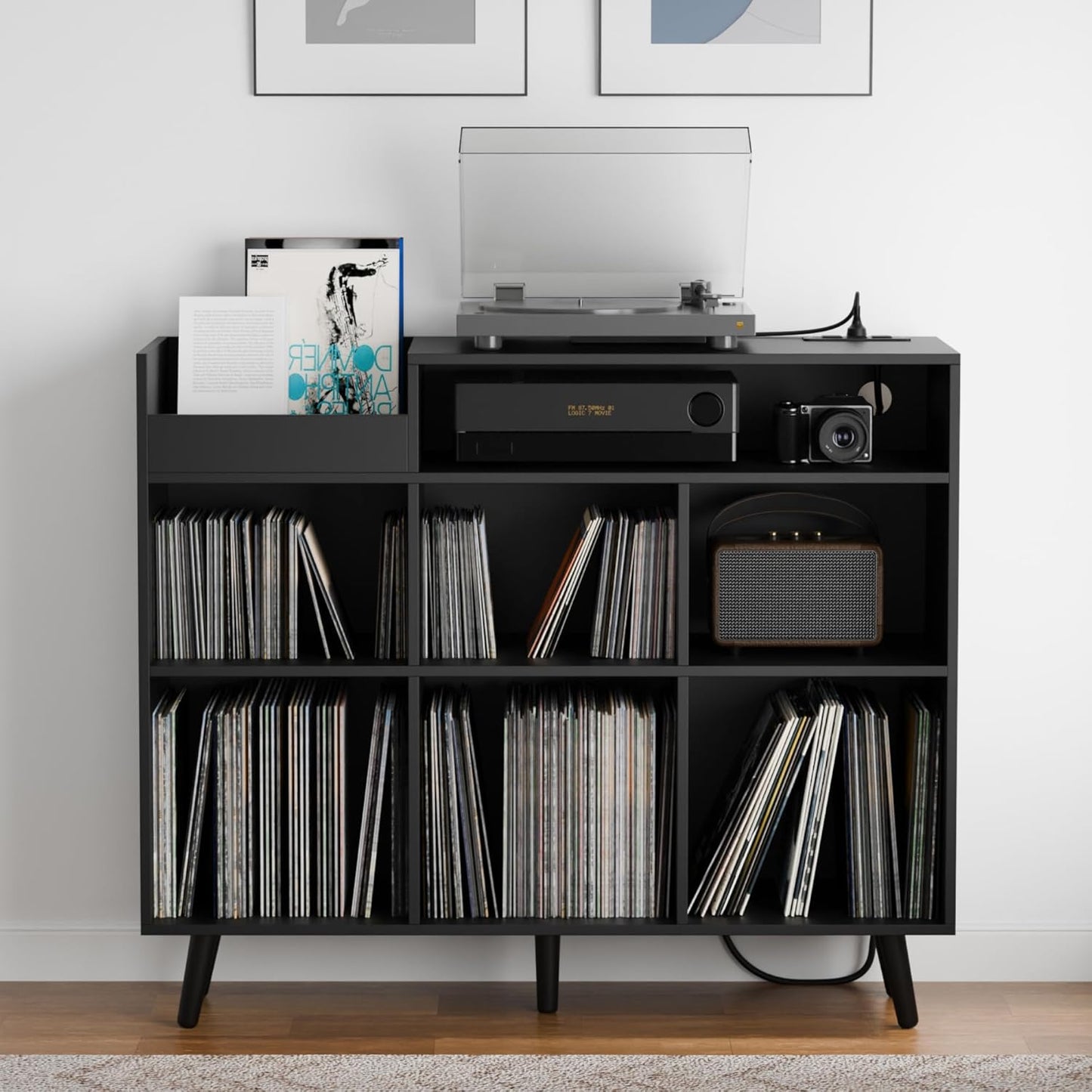 Cozy Castle Large Record Player Stand, Vinyl Storage Cabinet Mid Century Modern Turntable Stand Media Console Table Open Shelf Cube CD Album Holder Organizer for Living Room, Office, Rustic Brown