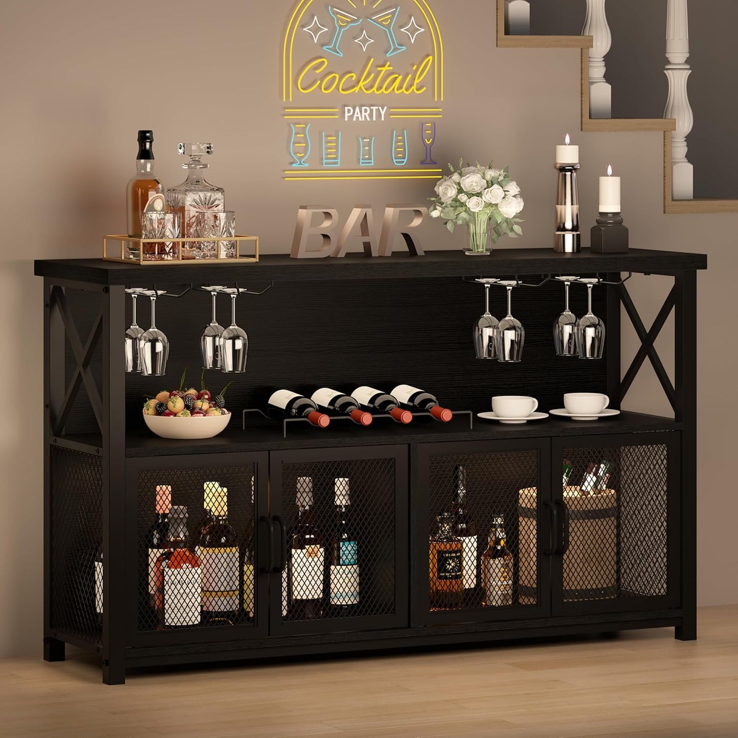 LVB Industrial Coffee Bar Cabinet, Farmhouse Wine Bar Cabinet for Liquor and Glasses, Metal Wood Sideboard Buffet Liquor Cabinet and Wine Rack with Storage for Home Dining Kitchen, Rustic Brown, 47 In