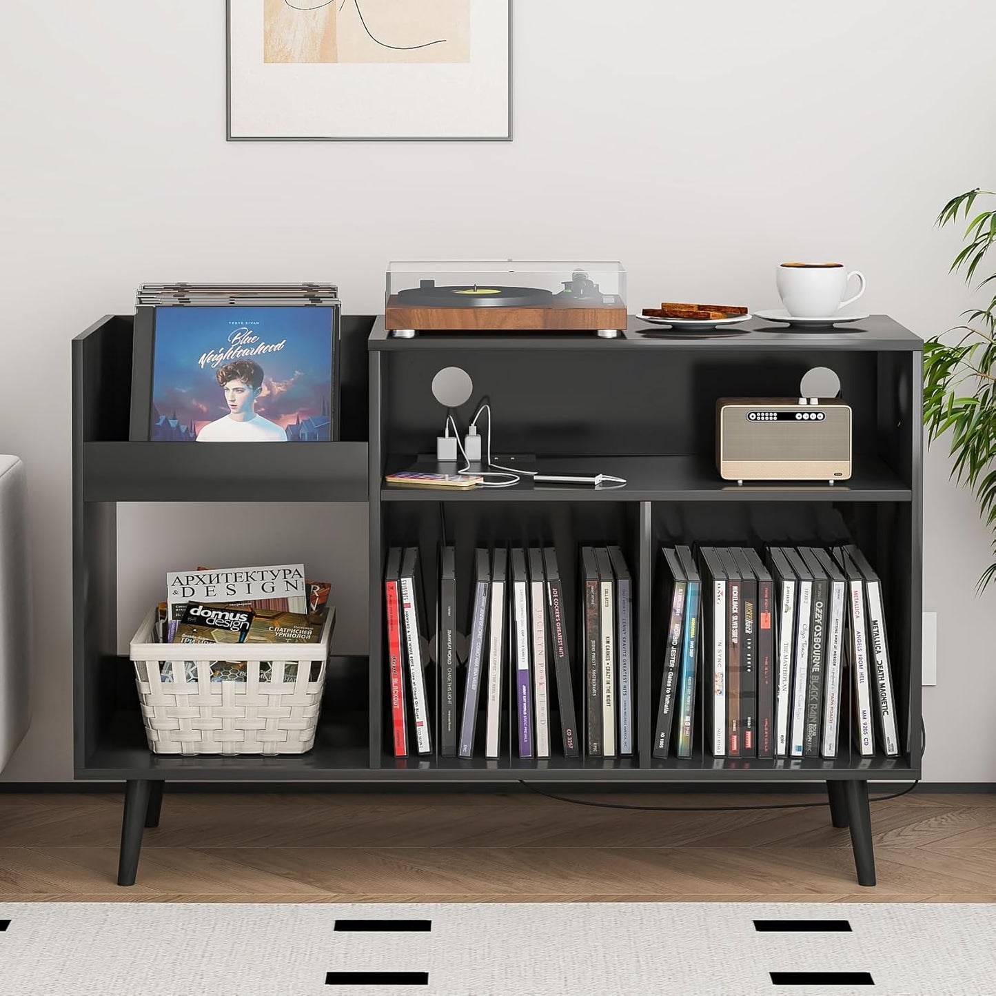 Record Player Stand with Charging Station & USB Ports, Mid-Century Turntable Stand Table Holds Up to 300 Albums, Vinyl Record Storage Cabinet with Wood Legs for Living Room Office(Walnut)