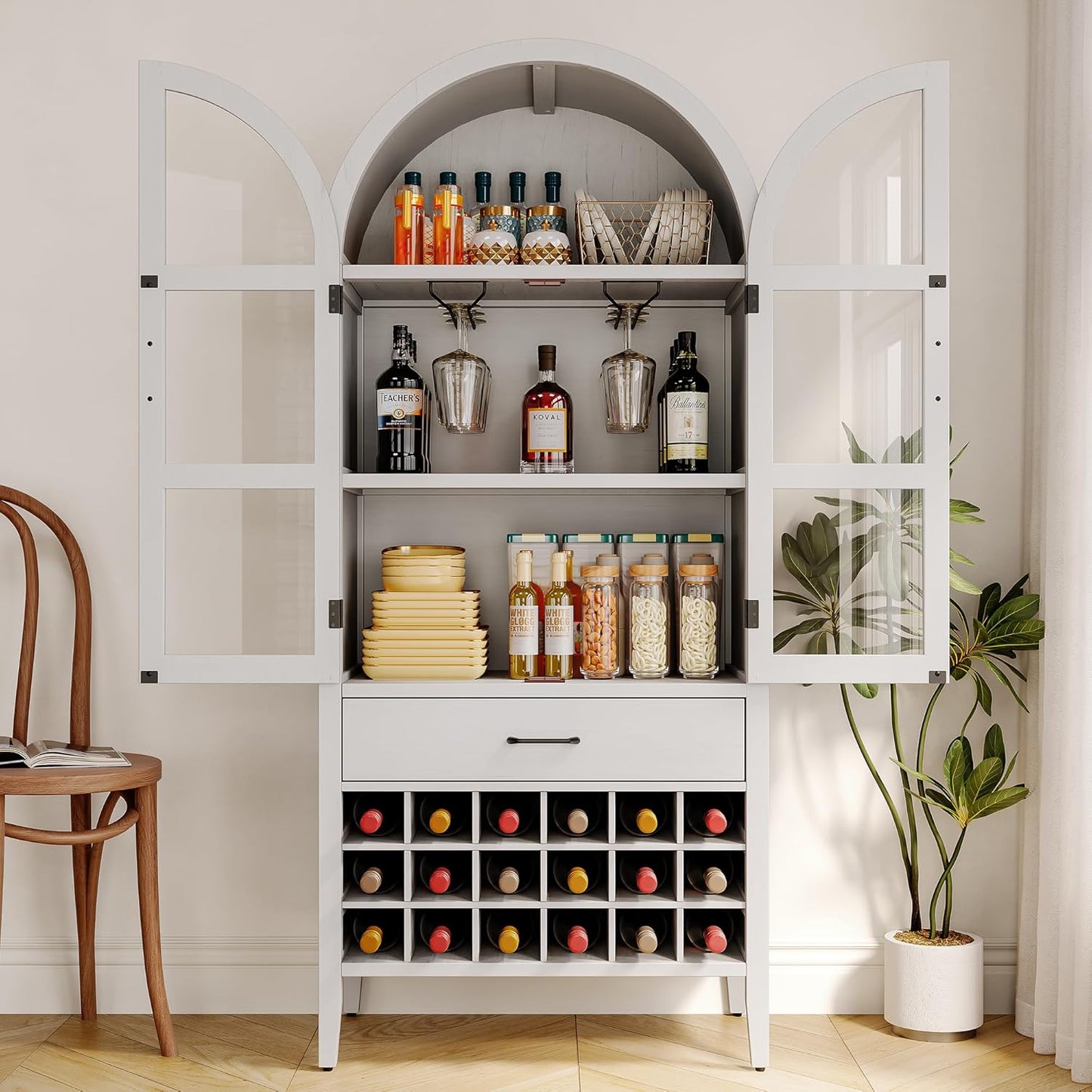 71" Tall Wine Bar Cabinet, Arched Storage Cabinets with Door, Whiskey Station with Wine Rack and Glass Holder, Liquor Bar Cabinet for Home Kitchen Living Dining Room (Off White)