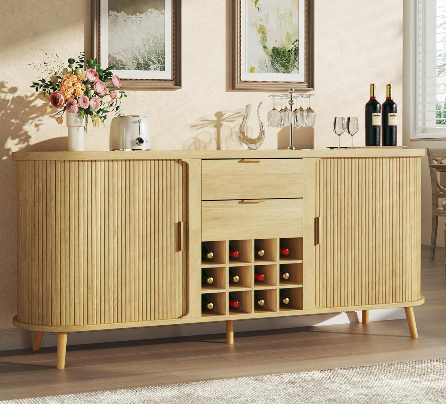58" Buffet Cabinet with Storage, Fluted Wine Bar Cabinet with Drawers & Adjustable Shelves, Mid-Century Modern Buffet Sideboard with 12 Wine Racks for Kitchen Living Room, Natural Oak