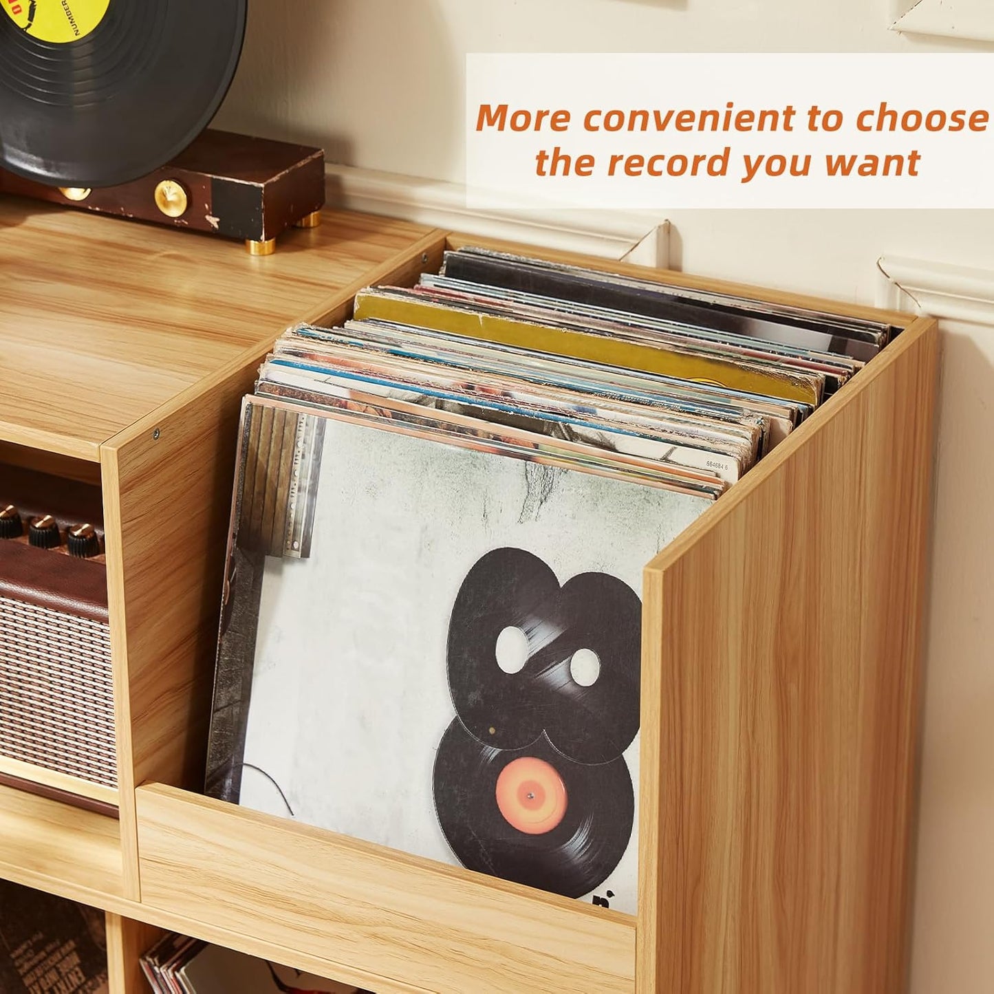 LELELINKY Large Record Player Stand, Turntable Stand with Storage, Vinyl Record Holder with Display Area, Record Player Table Holds Up to 300 Albums, Record Stand for Music Room Living Room-Natural