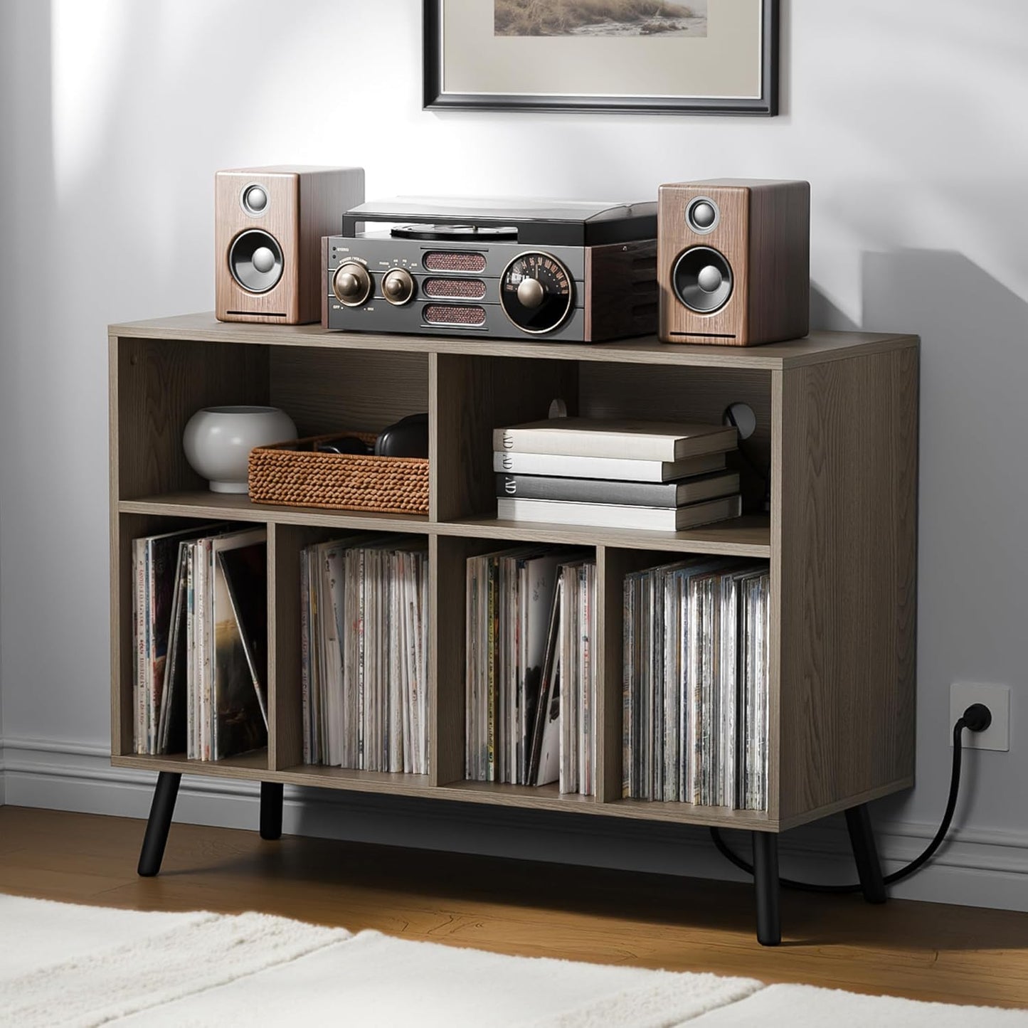 Cozy Castle Record Player Stand with Vinyl Storage Cabinet, Wood Turntable Table Open Shelf Holder Up to 350 Albums Cube Storage Organizer for Living Room, Office, Brown