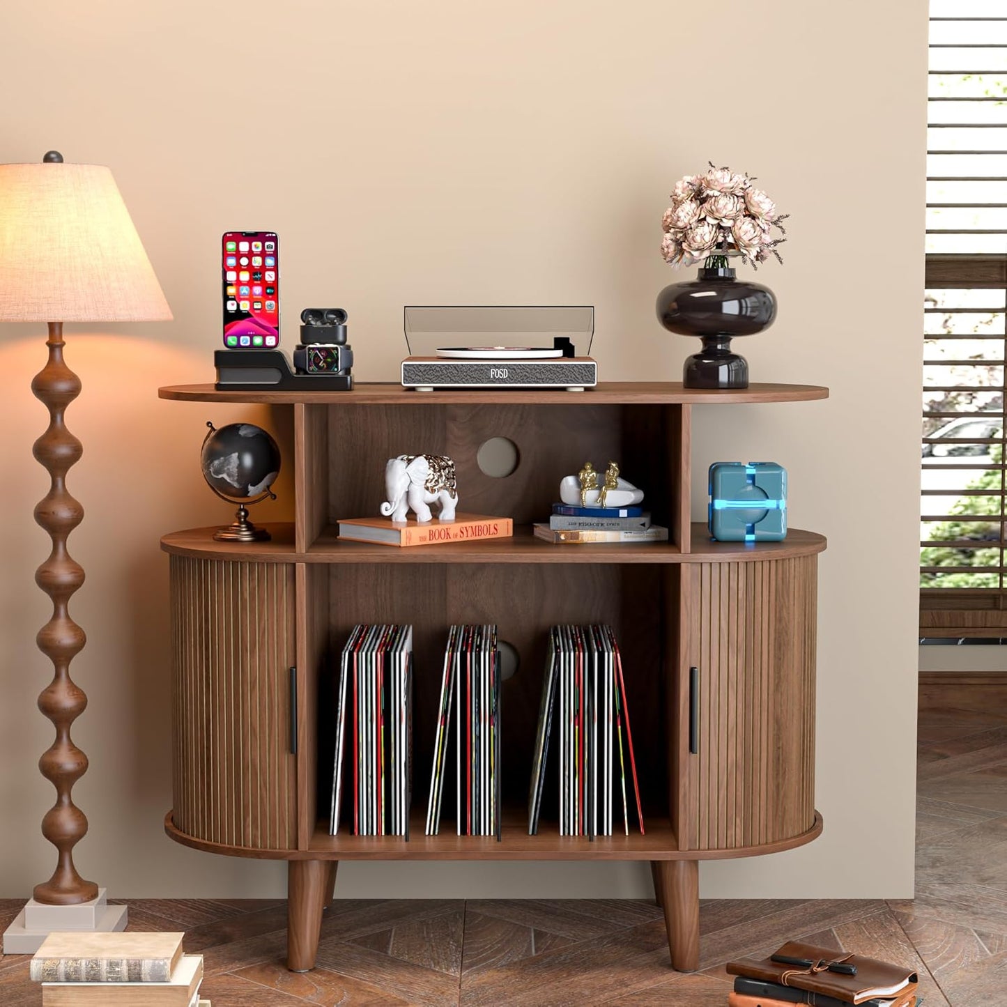 Large Round Record Player Stand with Charging Station & USB Ports,Record Storage Cabinet, Mid Century Modern Turntable Stand for Bedroom Living Room (Small Brown)