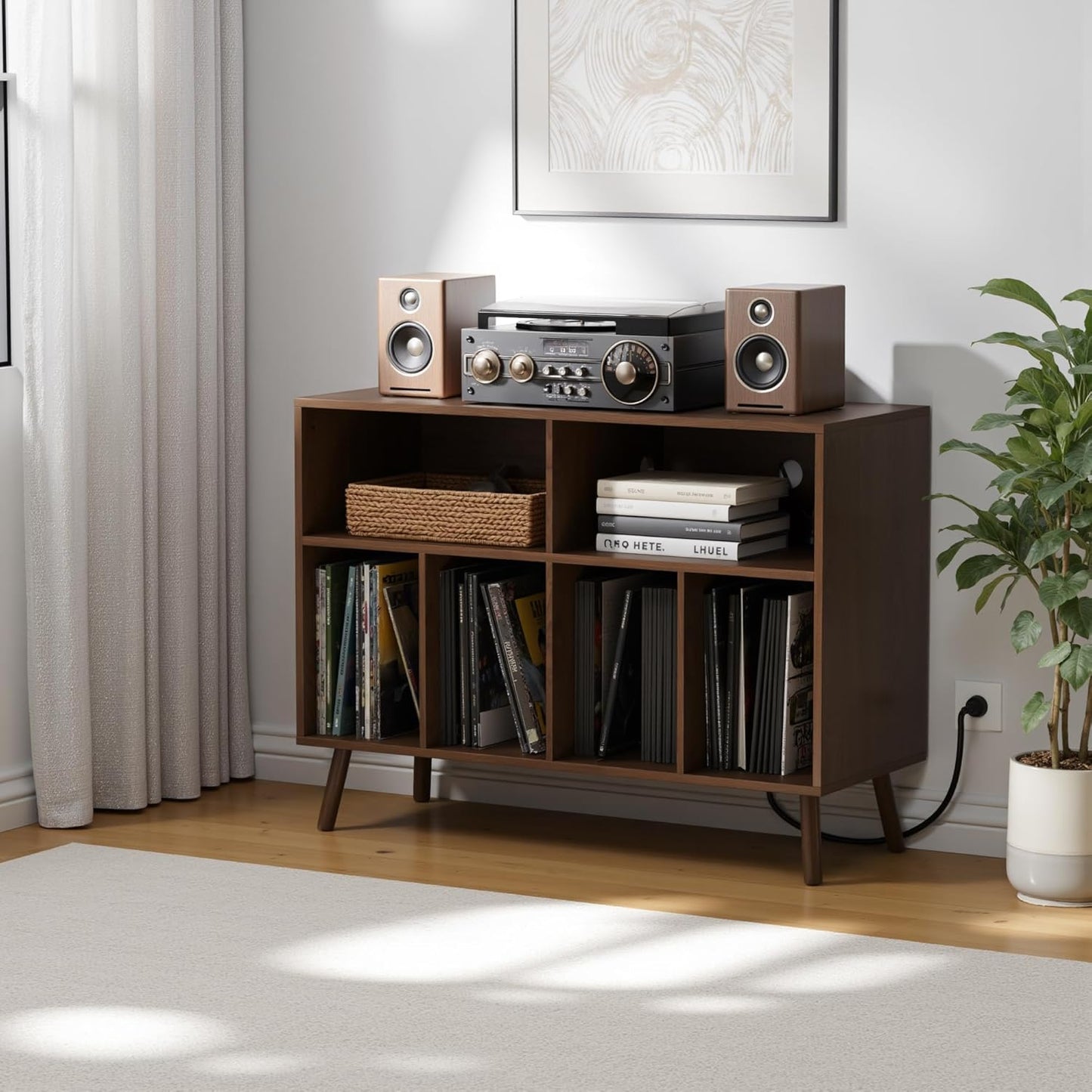 Cozy Castle Record Player Stand with Vinyl Storage Cabinet, Wood Turntable Table Open Shelf Holder Up to 350 Albums Cube Storage Organizer for Living Room, Office, Brown