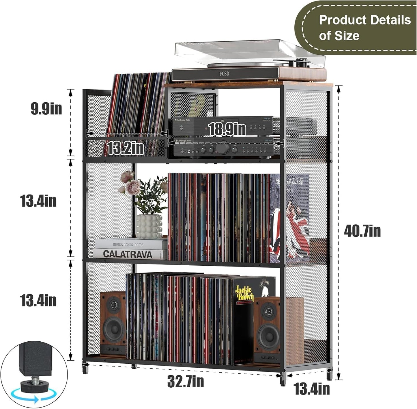 4 Tier Large Record Player Stand, Holds Up to 380-450 Albums Turntable Stand with 4 Adjustable Divider Vinyl Record Cabinet Turntable Stand for Albums DVD Shelf Books Magazines Files