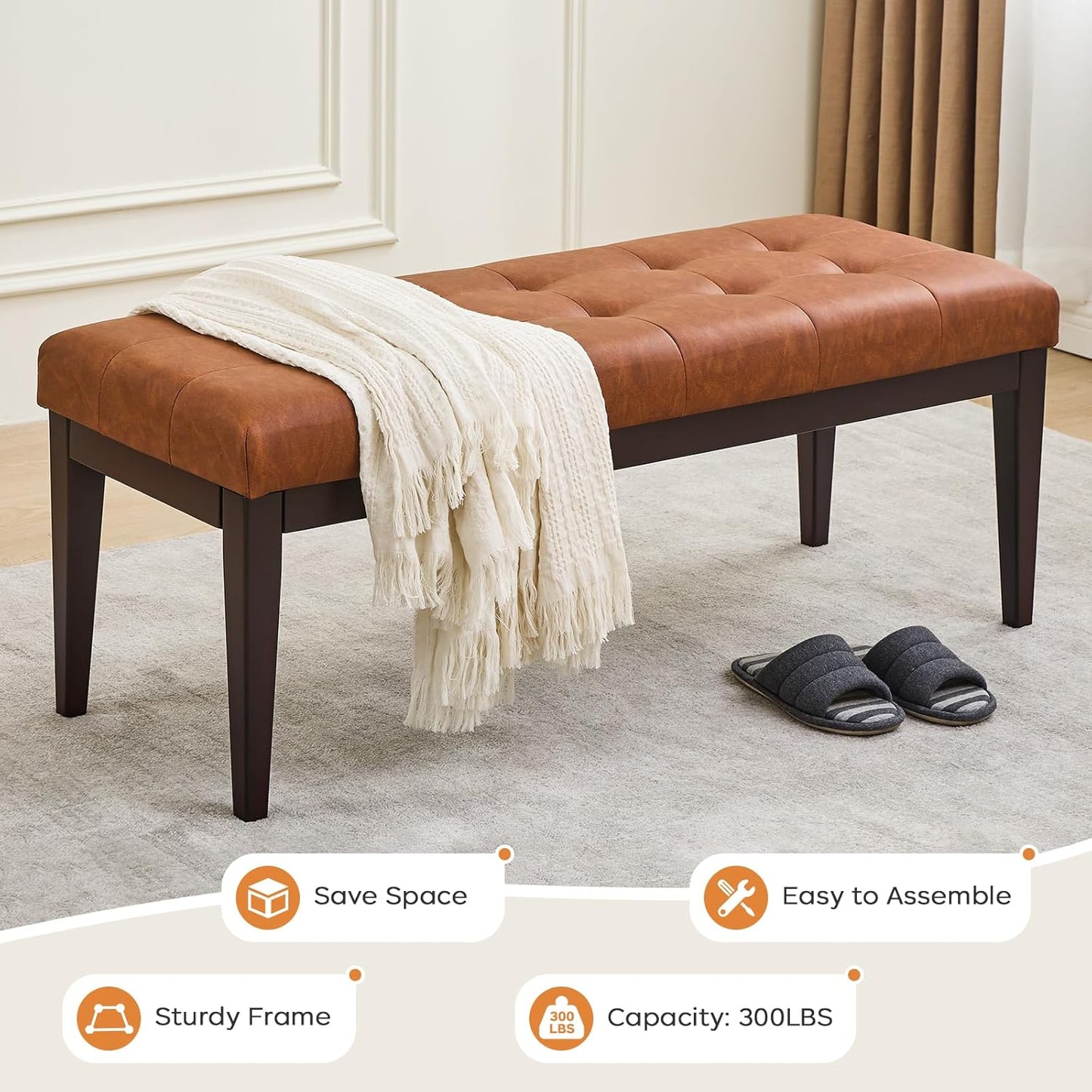 47.2" Button-Tufted Entryway Bench, Upholstered Faux Leather Ottoman Bedroom Bench, Rubberwood End of Bed Footrest Stool, Bench for Entryway Dining Room Living Room Bedroom, 300 LB, Brown