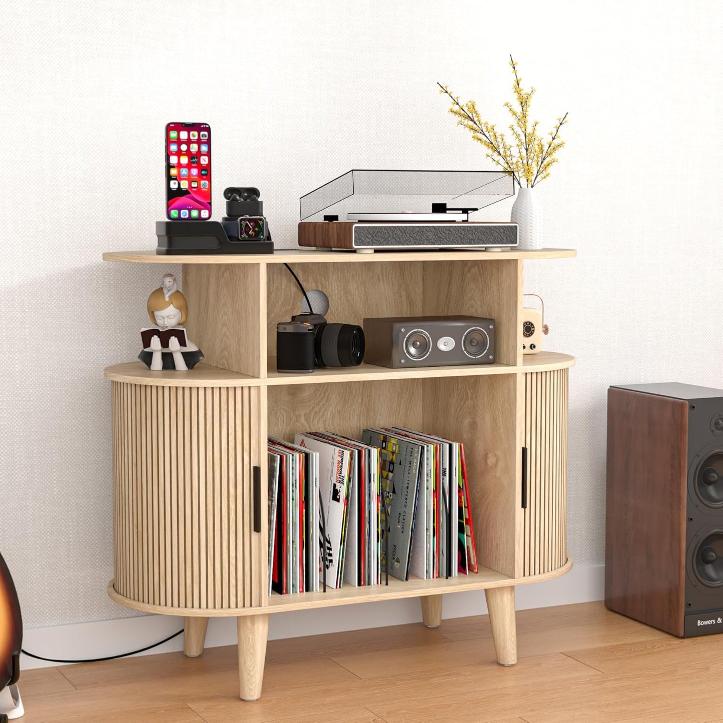 Round Record Player Stand, Mid-Century Record Player Table, Vinyl Record Player Shelf with Power Outlet Sideboard Buffet Cabinet, Storage Shelf for Living Room (Brown)