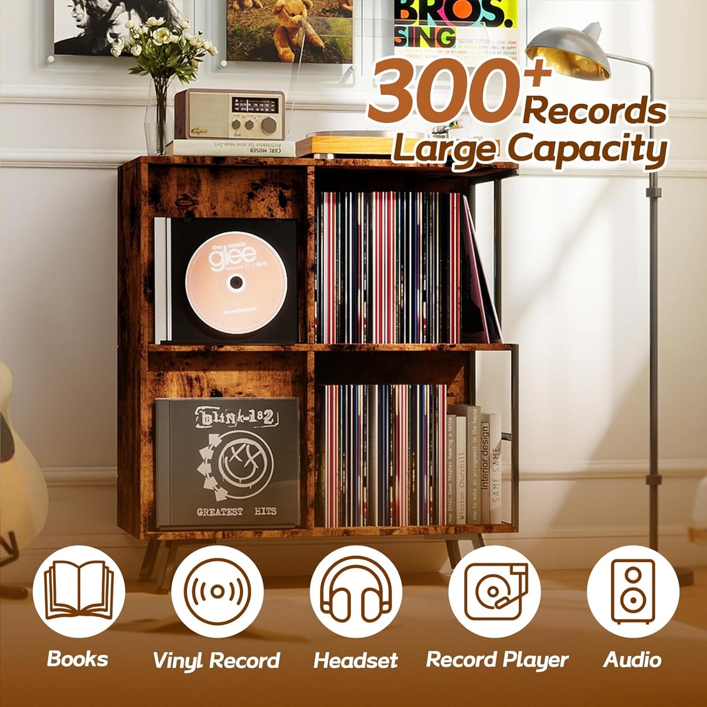 3 Tier Record Player Cabinet, Flip Top Record Player Stand, Mid Century Record Player Table with Shelves Holds up to 300+ Albums, Vinyl Record Storage with 4 U-Dividers for Living Room Bedroom, Brown