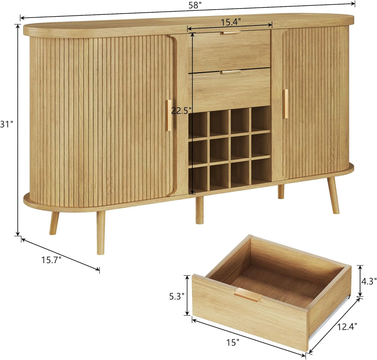 58" Buffet Cabinet with Storage, Fluted Wine Bar Cabinet with Drawers & Adjustable Shelves, Mid-Century Modern Buffet Sideboard with 12 Wine Racks for Kitchen Living Room, Natural Oak