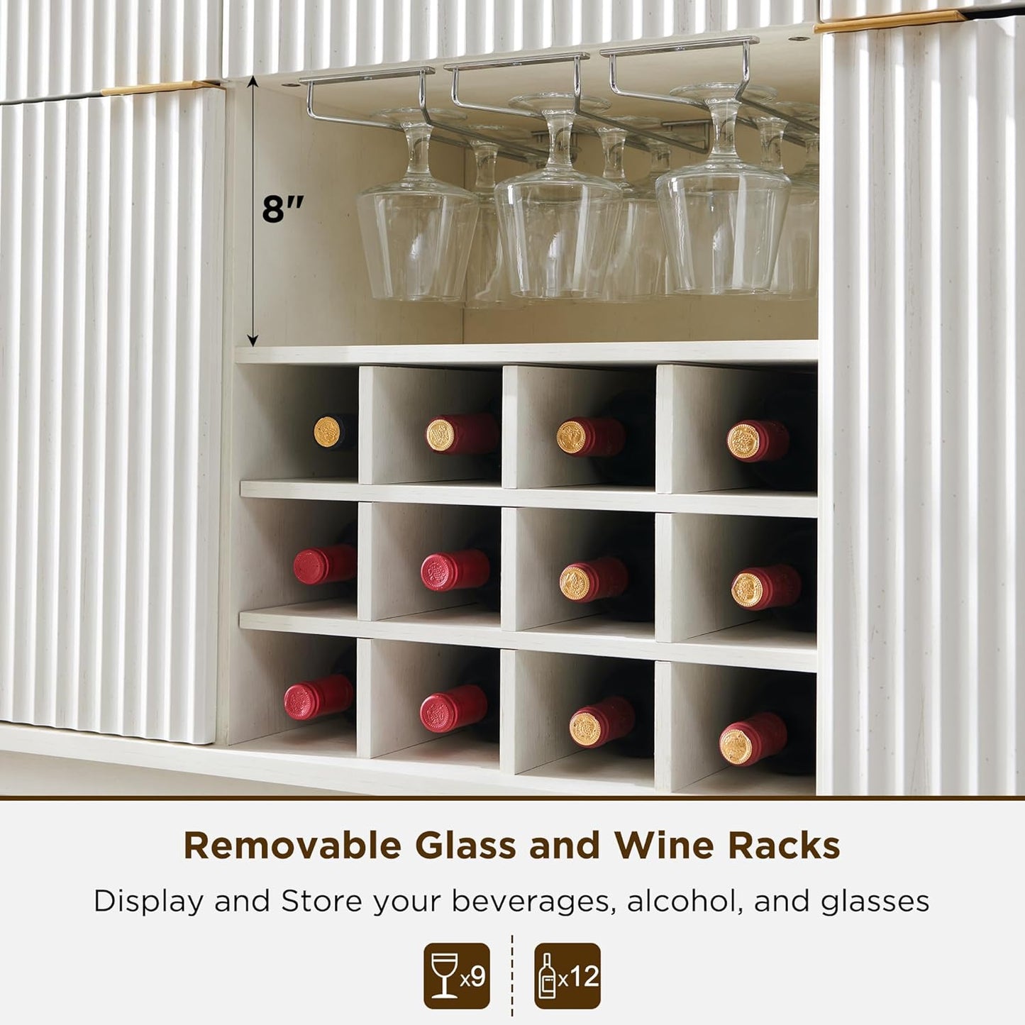 OKD 60" Fluted Buffet Cabinet with Storage - 3 Drawers and 2 Doors, Mordern Wine & Coffee Bar Cabinet with Wine and Glass Racks, Sideboard with Adjustable Shelves for Kitchen, Dining Room,Solid White