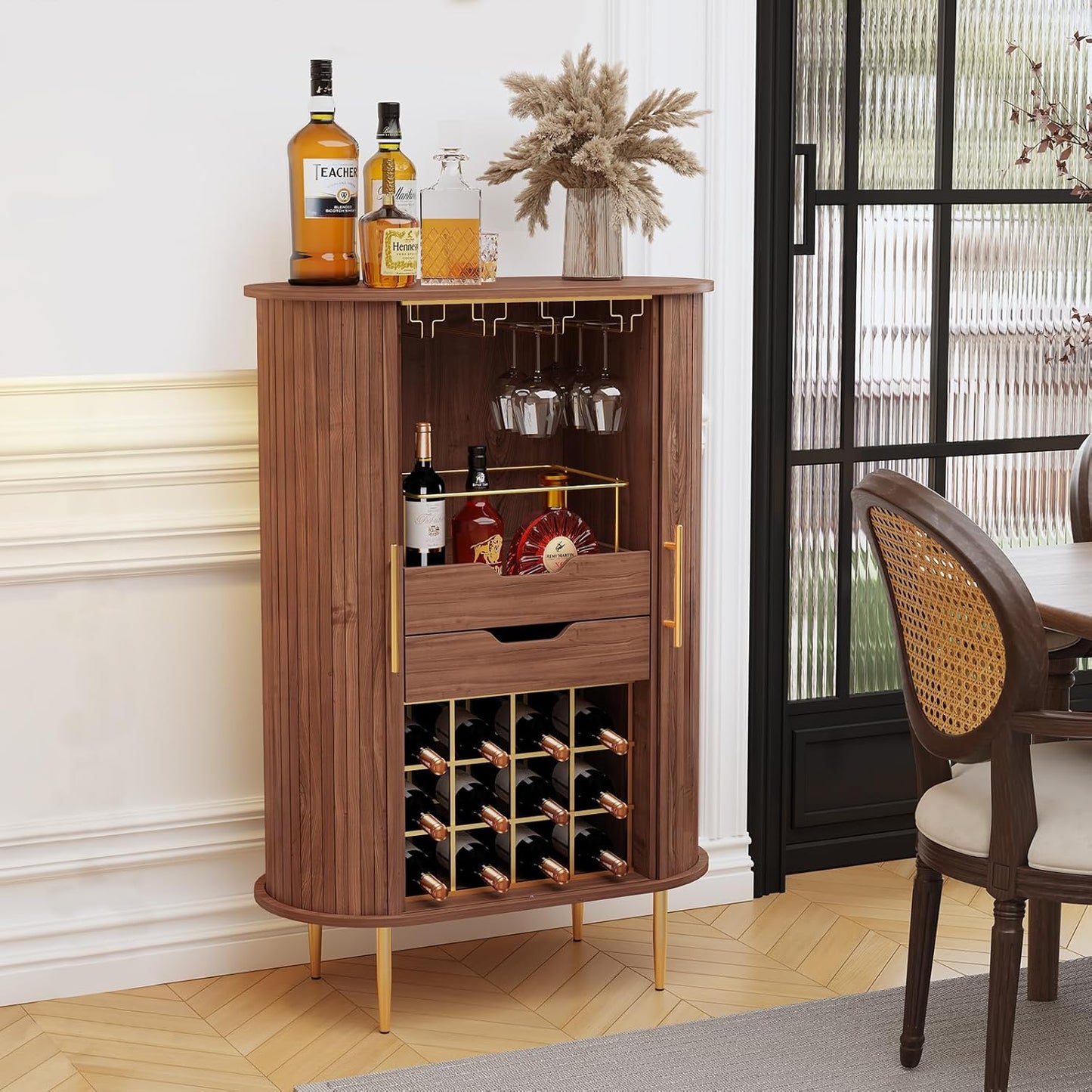 ARTPOWER Wooden Wine Bar Cabinet with Tambour Door 16-Bottle Wine Rack, Glass Stemware Holder, Coffee Bar Station Liquor Storage Cabinet for Home, Living Room, Kitchen, Brown