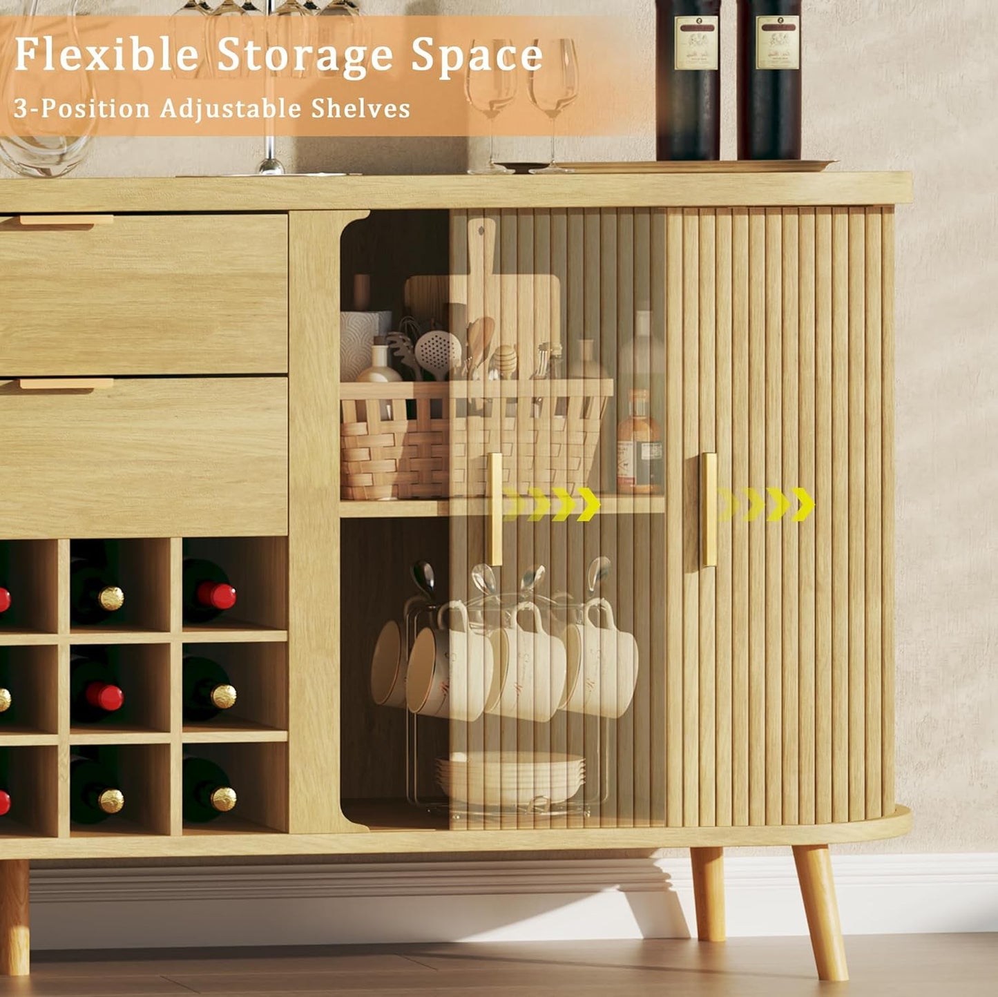 58" Buffet Cabinet with Storage, Fluted Wine Bar Cabinet with Drawers & Adjustable Shelves, Mid-Century Modern Buffet Sideboard with 12 Wine Racks for Kitchen Living Room, Natural Oak
