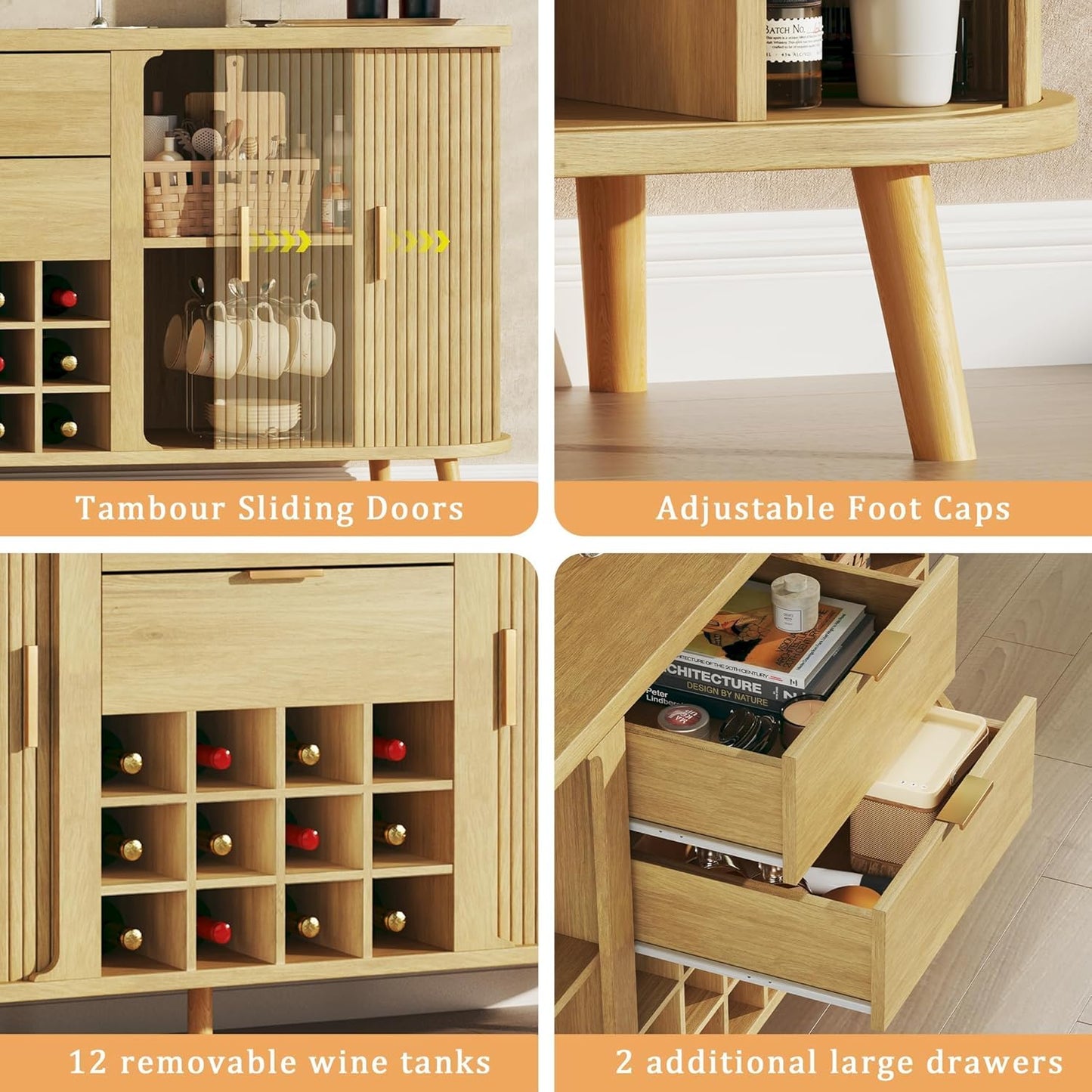 58" Buffet Cabinet with Storage, Fluted Wine Bar Cabinet with Drawers & Adjustable Shelves, Mid-Century Modern Buffet Sideboard with 12 Wine Racks for Kitchen Living Room, Natural Oak