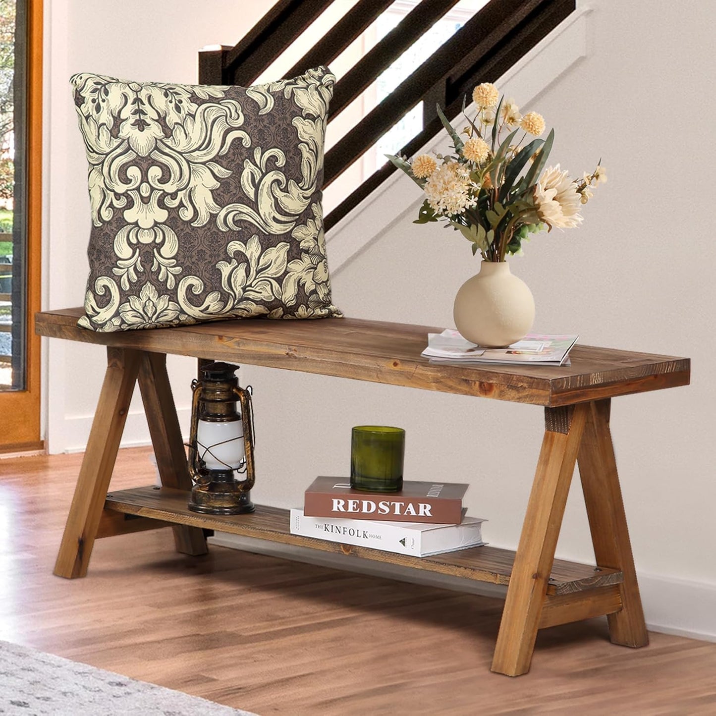 Wnutrees Farmhouse Wood Bench, Rustic Indoor Storage Bench for Entryway, Living Room, Dining Room, Solid Wood Construction, Original Wood