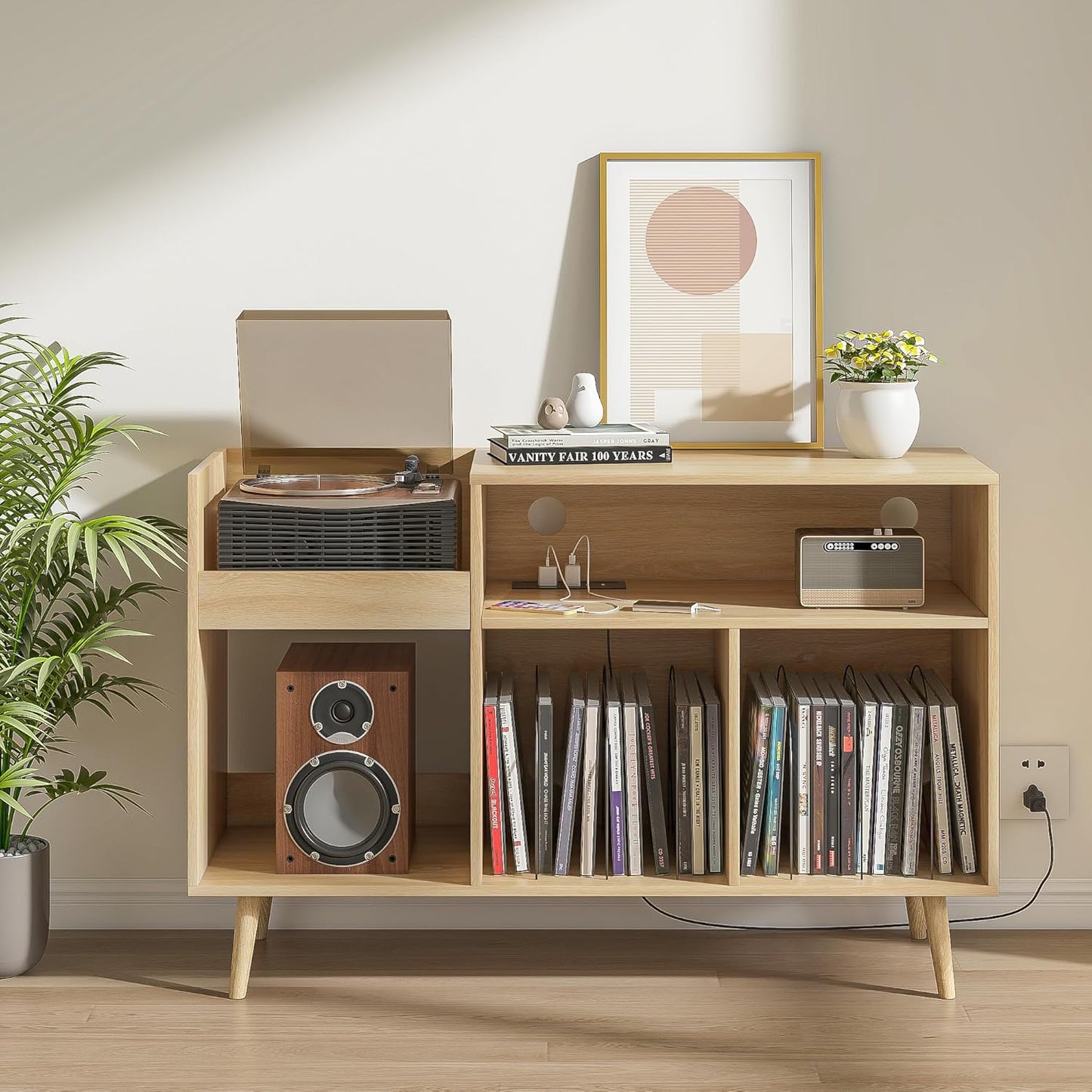 Record Player Stand with Charging Station & USB Ports, Mid-Century Turntable Stand Table Holds Up to 300 Albums, Vinyl Record Storage Cabinet with Wood Legs for Living Room Office(Walnut)