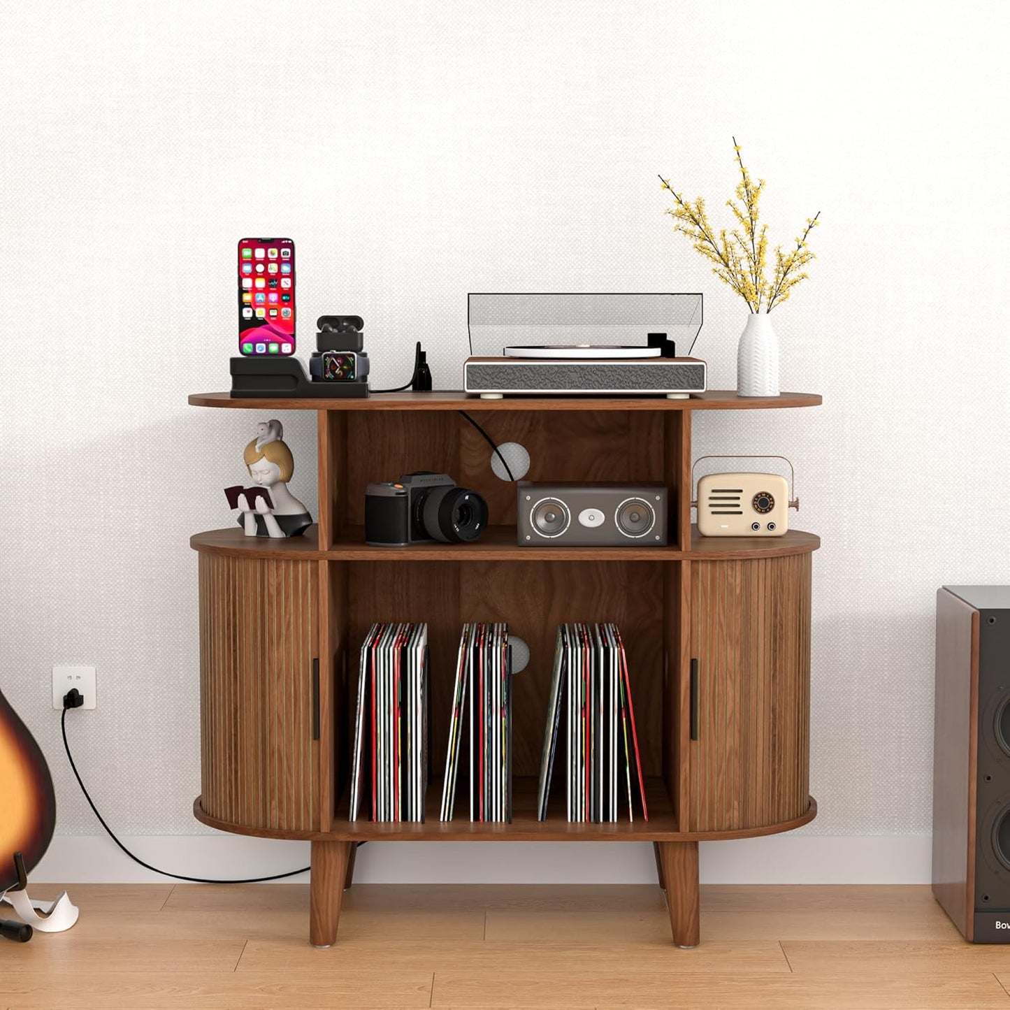 Round Record Player Stand, Mid-Century Record Player Table, Vinyl Record Player Shelf with Power Outlet Sideboard Buffet Cabinet, Storage Shelf for Living Room (Brown)
