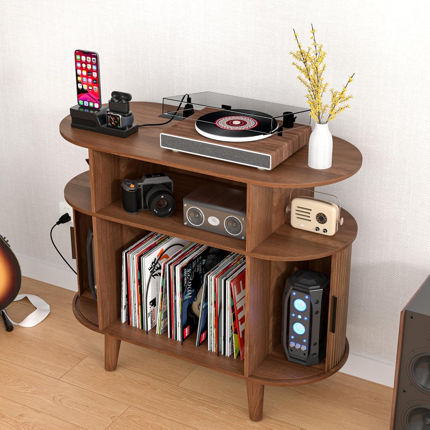 Round Record Player Stand, Mid-Century Record Player Table, Vinyl Record Player Shelf with Power Outlet Sideboard Buffet Cabinet, Storage Shelf for Living Room (Brown)