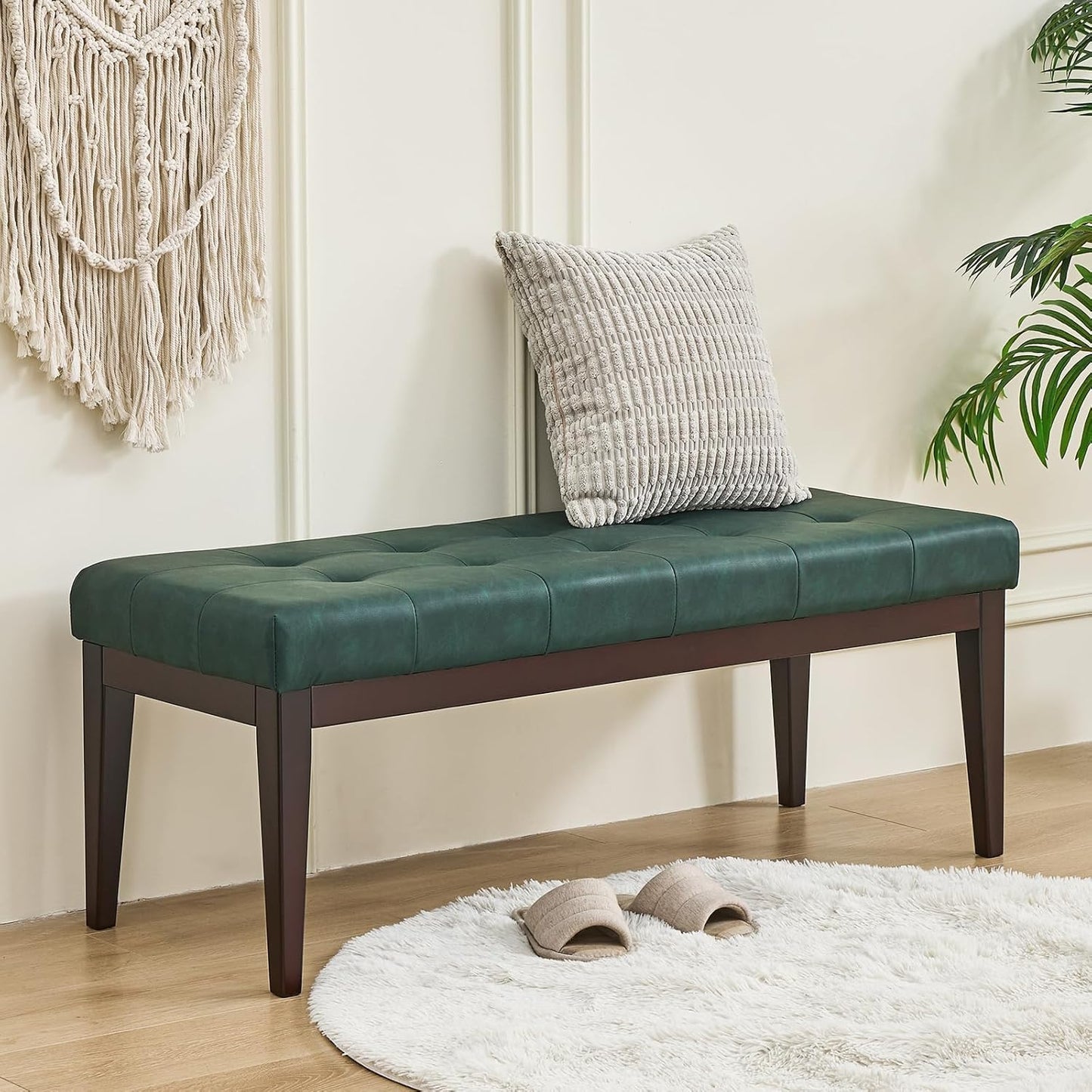 47.2" Button-Tufted Entryway Bench, Upholstered Faux Leather Ottoman Bedroom Bench, Rubberwood End of Bed Footrest Stool, Bench for Entryway Dining Room Living Room Bedroom, 300 LB, Brown