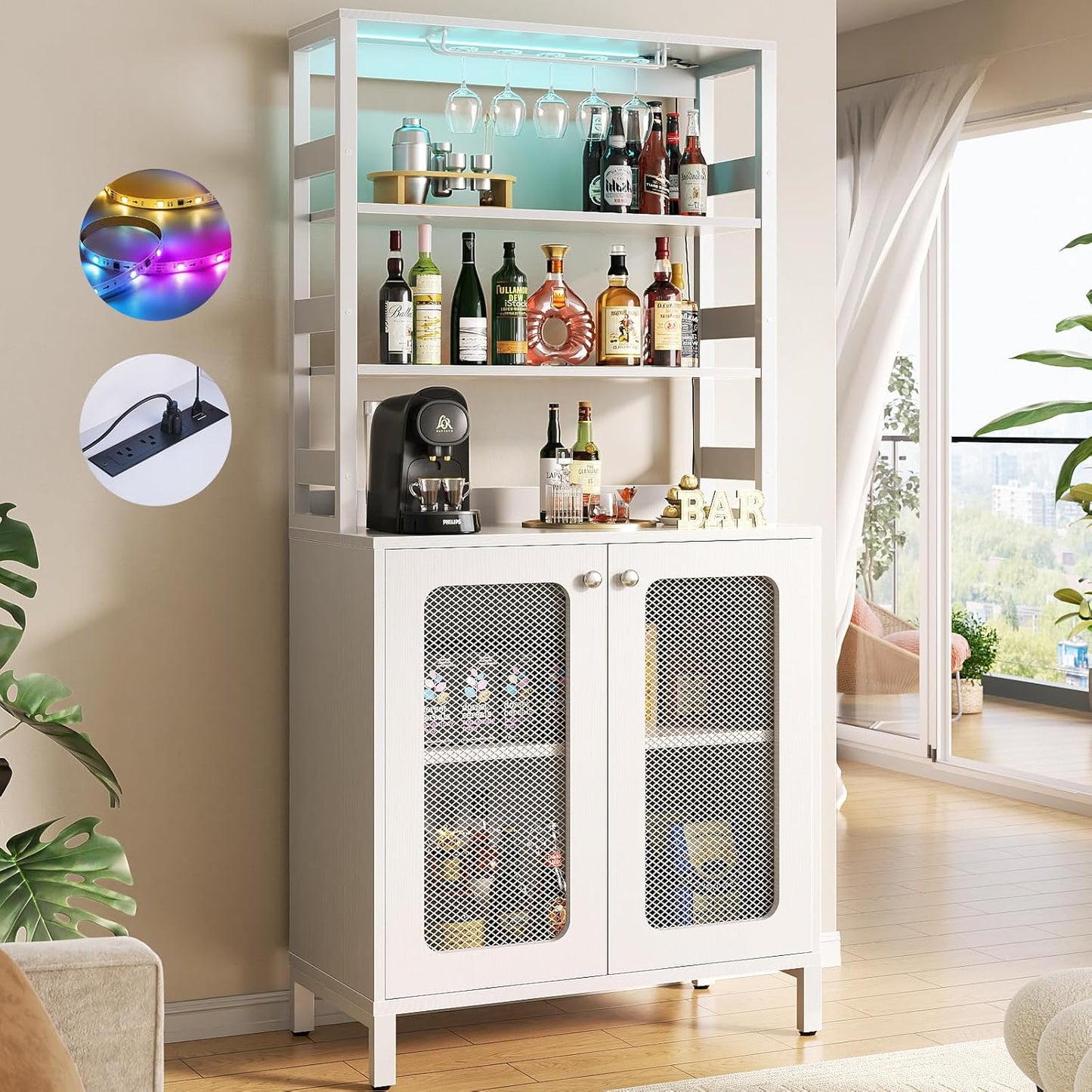 Aheaplus Bar Cabinet with Power Outlets, 67" Tall Wine Bar Cabinet Liquor Cabinets with LED Lights and Glass Holder, Coffee Bars Station for Living Room, Microwave Stand Bakers Rack Cabinets, Black