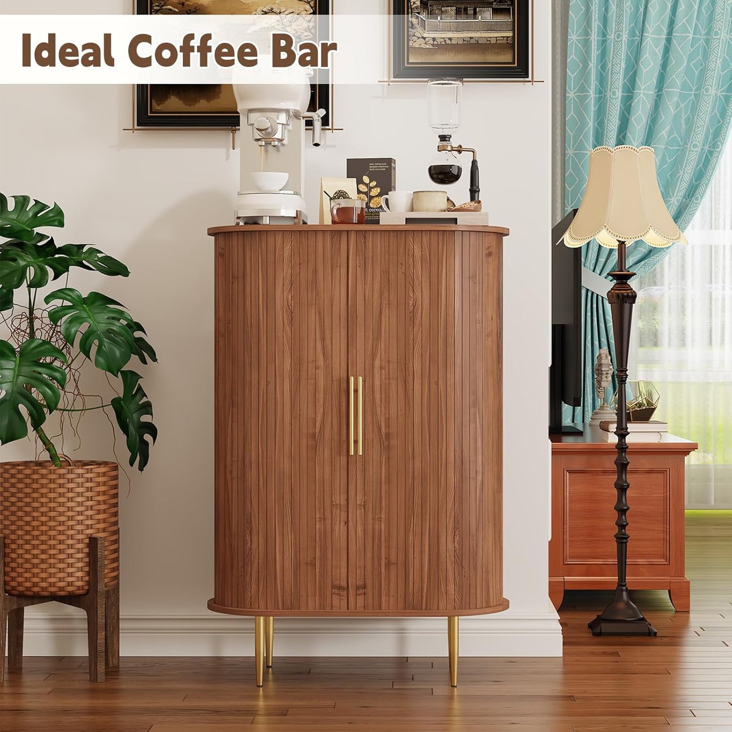 ARTPOWER Wooden Wine Bar Cabinet with Tambour Door 16-Bottle Wine Rack, Glass Stemware Holder, Coffee Bar Station Liquor Storage Cabinet for Home, Living Room, Kitchen, Brown