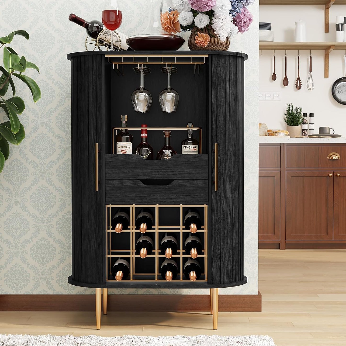 ARTPOWER Wooden Wine Bar Cabinet with Tambour Door 16-Bottle Wine Rack, Glass Stemware Holder, Coffee Bar Station Liquor Storage Cabinet for Home, Living Room, Kitchen, Brown