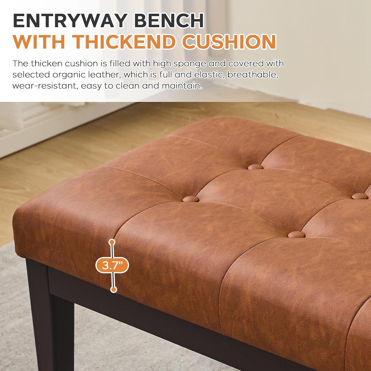 47.2" Button-Tufted Entryway Bench, Upholstered Faux Leather Ottoman Bedroom Bench, Rubberwood End of Bed Footrest Stool, Bench for Entryway Dining Room Living Room Bedroom, 300 LB, Brown