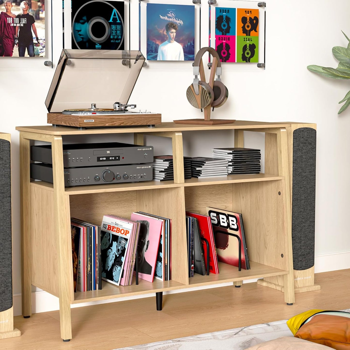 Large Record Player Stand,Mid Century Turntable Stand Table with Open Storage Holds up to 300 Albums,Vinyl Record Storage Display Shelf for Living Room Bedroom (Walnut)